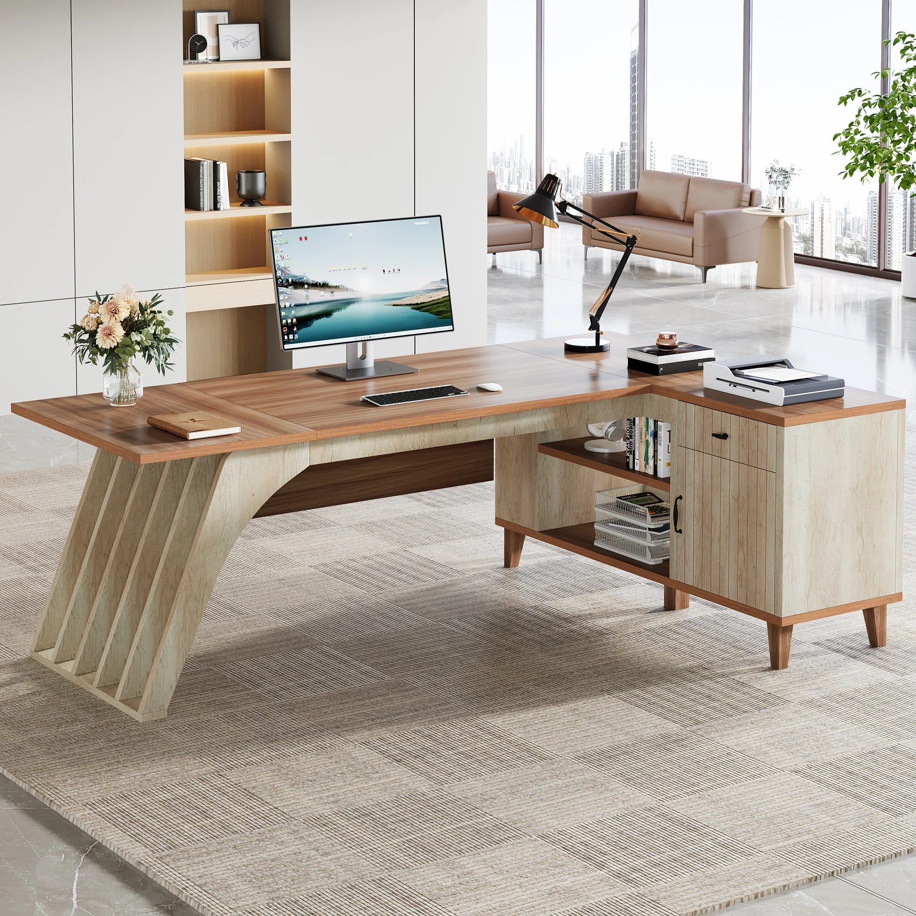 78.7" L-Shaped Executive Desk, Computer Desk Office Desk with File Cabinet - Image 4
