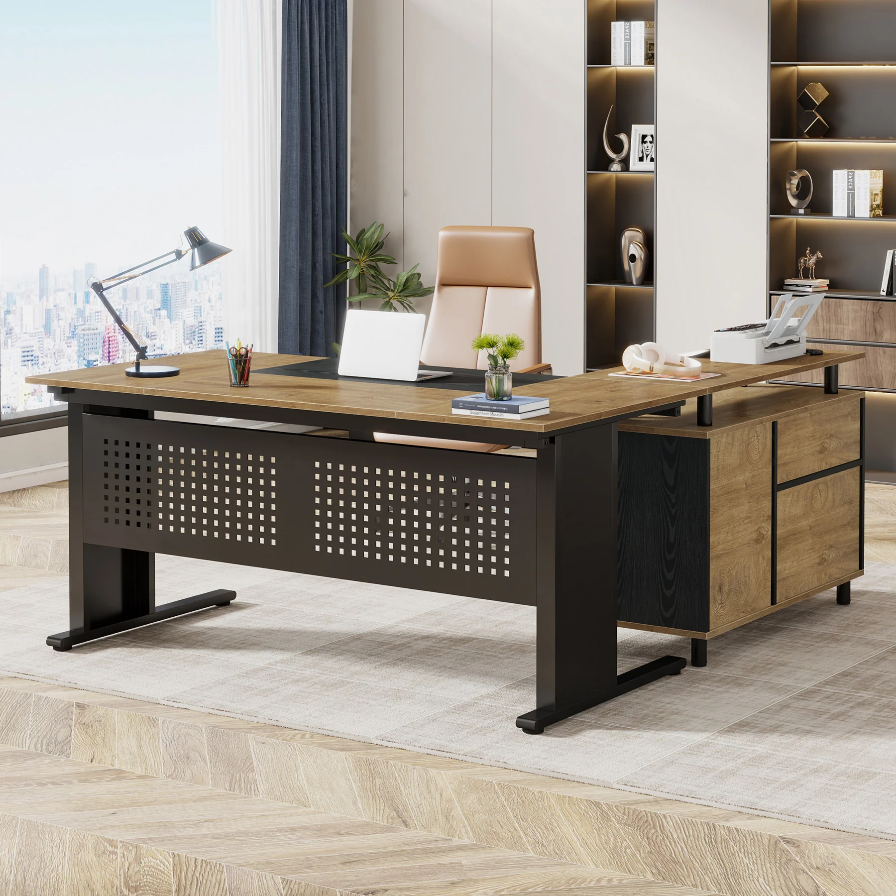 Industrial L-Shaped Desk, 63" Executive Desk with File Cabinet - Image 15