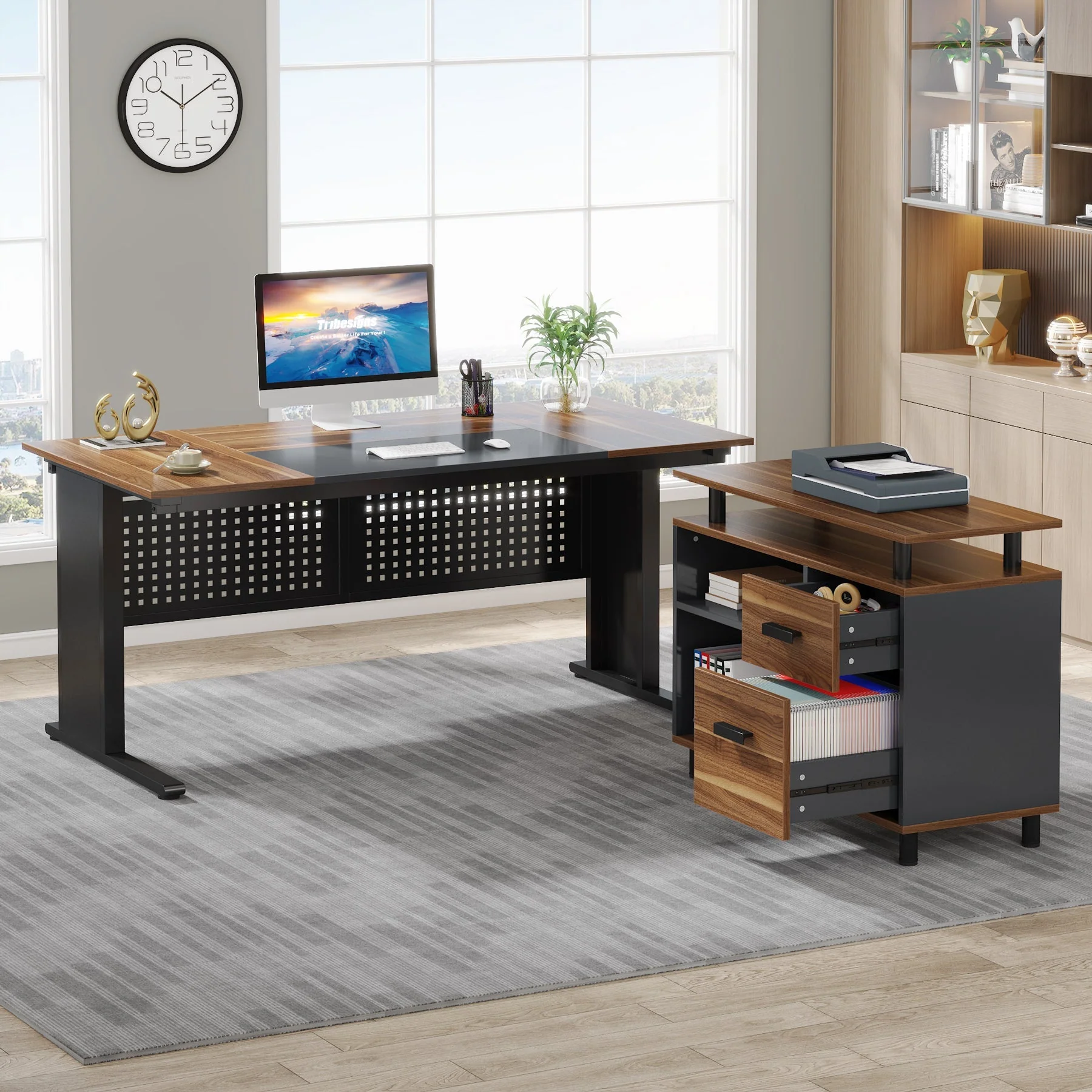 Industrial L-Shaped Desk, 63" Executive Desk with File Cabinet - Image 3