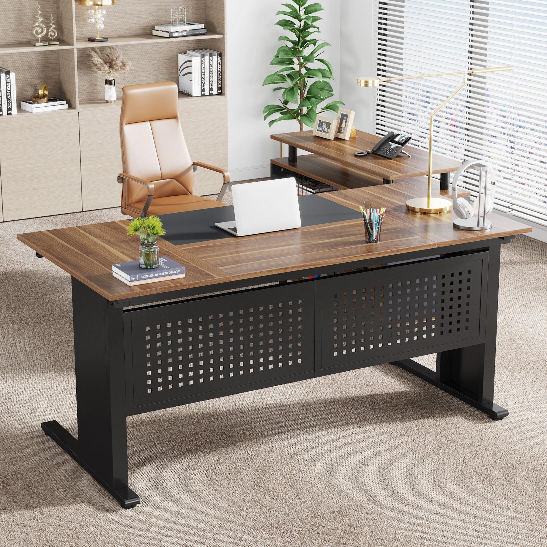 Industrial L-Shaped Desk, 63" Executive Desk with File Cabinet - Image 4