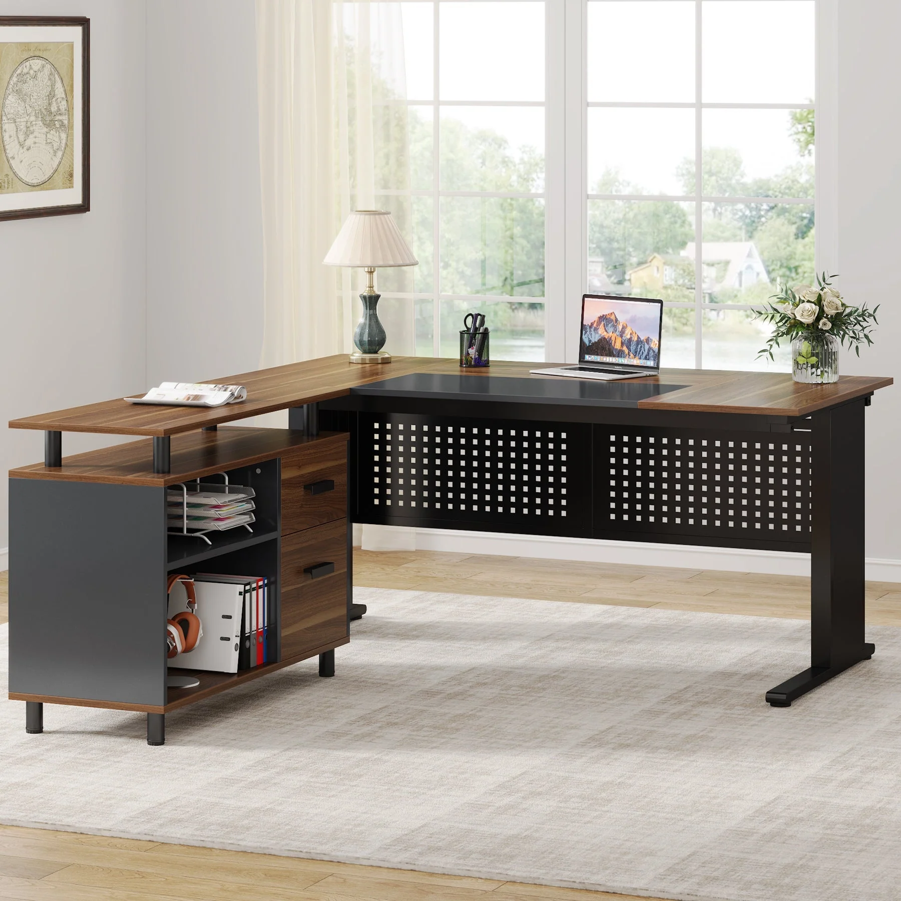 Industrial L-Shaped Desk, 63" Executive Desk with File Cabinet - Image 5