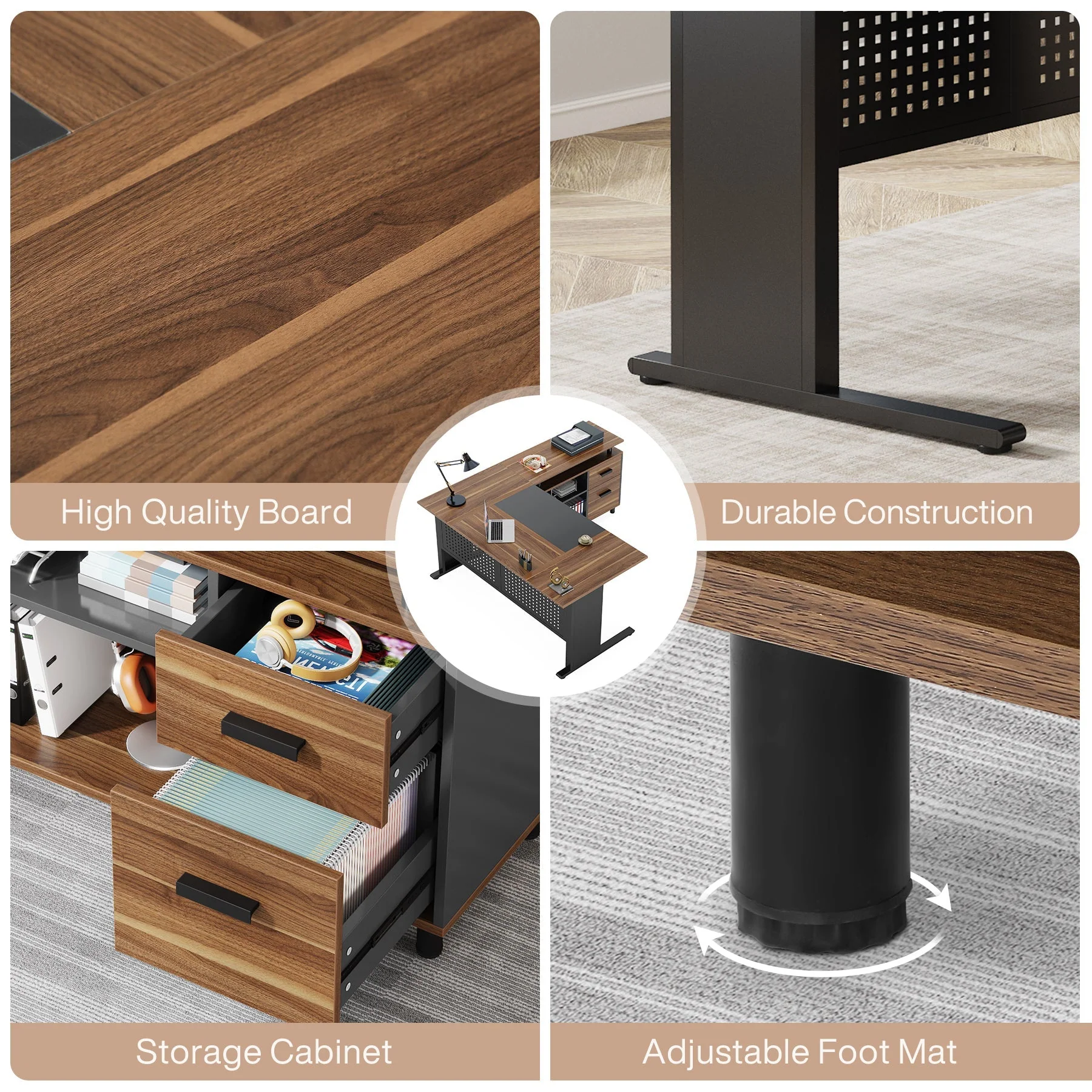 Industrial L-Shaped Desk, 63" Executive Desk with File Cabinet - Image 6