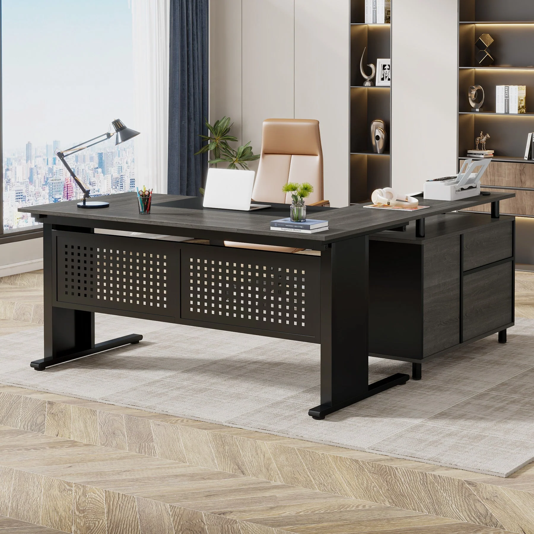 Industrial L-Shaped Desk, 63" Executive Desk with File Cabinet - Image 7
