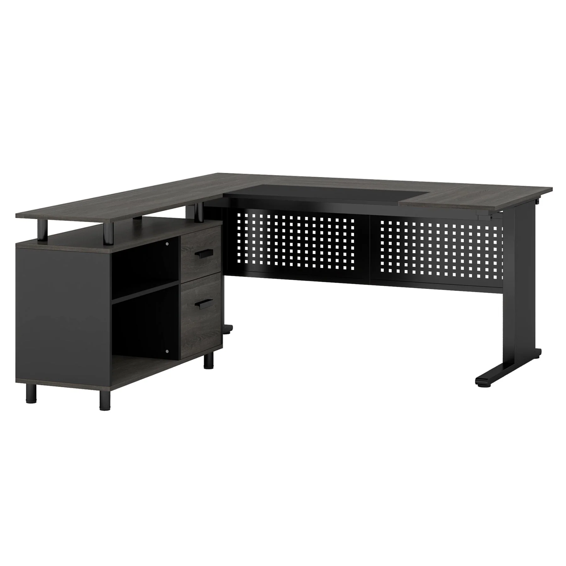 Industrial L-Shaped Desk, 63" Executive Desk with File Cabinet - Image 8