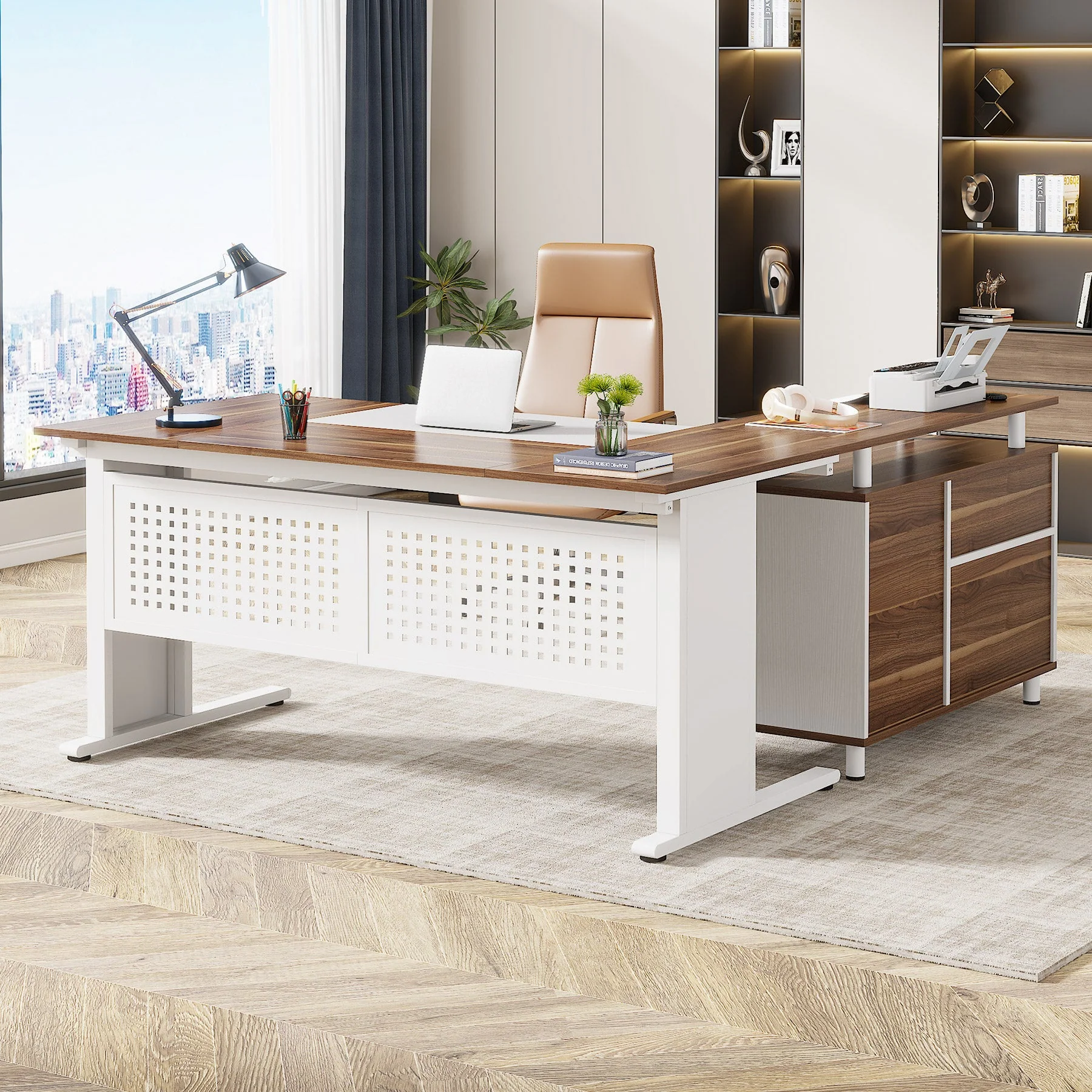 Industrial L-Shaped Desk, 63" Executive Desk with File Cabinet - Image 9