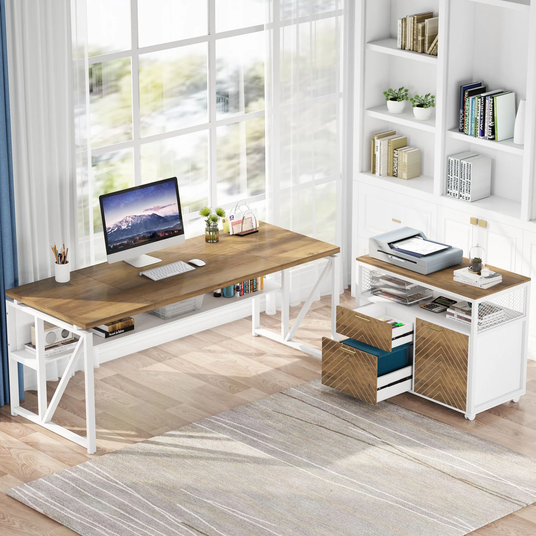 55" / 63" L-Shaped Executive Desk with Storage Shelves and Mobile File Cabinet(2 Drawers and 1 Storage Compartment) - Image 10