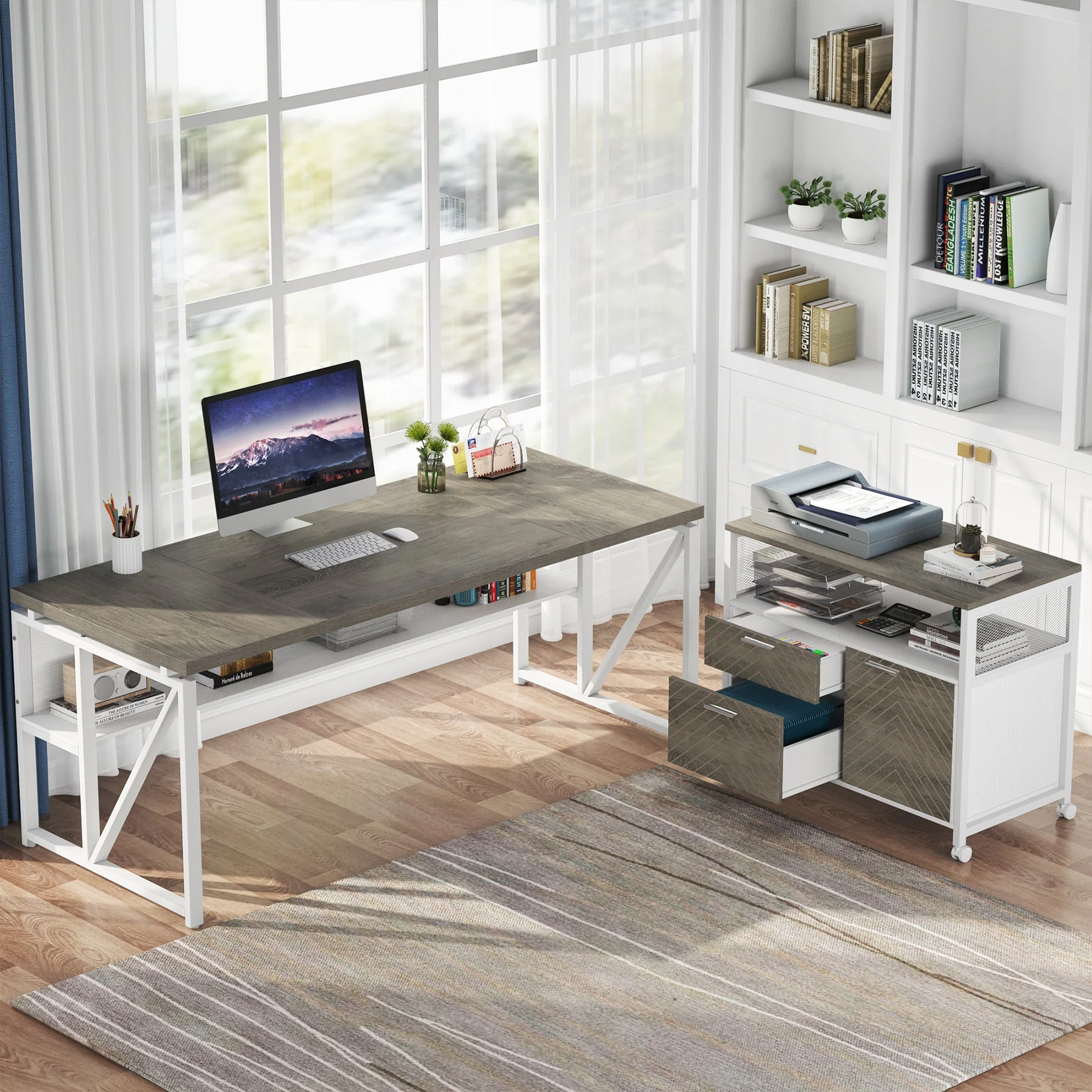 55" / 63" L-Shaped Executive Desk with Storage Shelves and Mobile File Cabinet(2 Drawers and 1 Storage Compartment) - Image 11