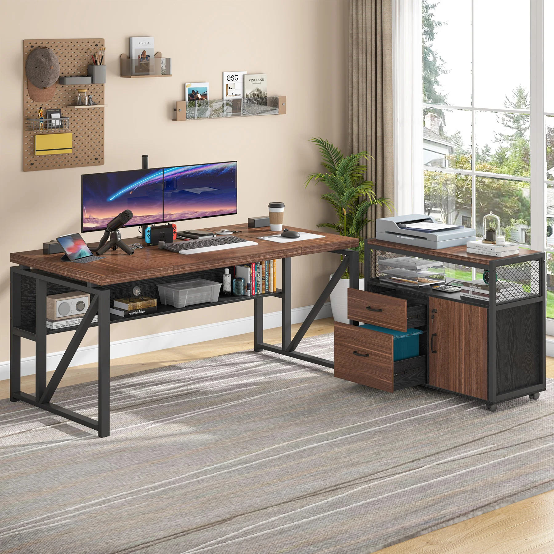 55" / 63" L-Shaped Executive Desk with Storage Shelves and Mobile File Cabinet(2 Drawers and 1 Storage Compartment) - Image 17