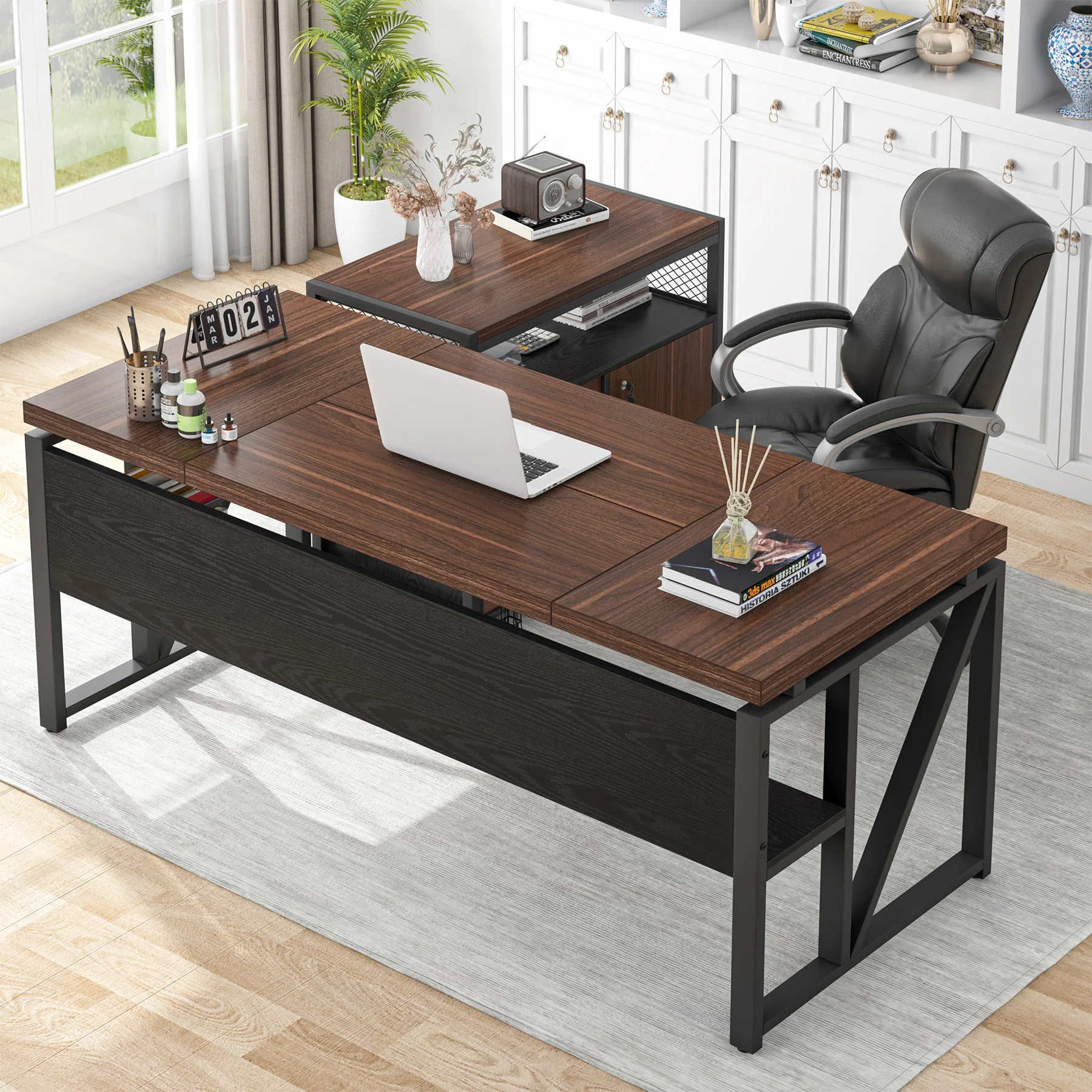 55" / 63" L-Shaped Executive Desk with Storage Shelves and Mobile File Cabinet(2 Drawers and 1 Storage Compartment) - Image 18