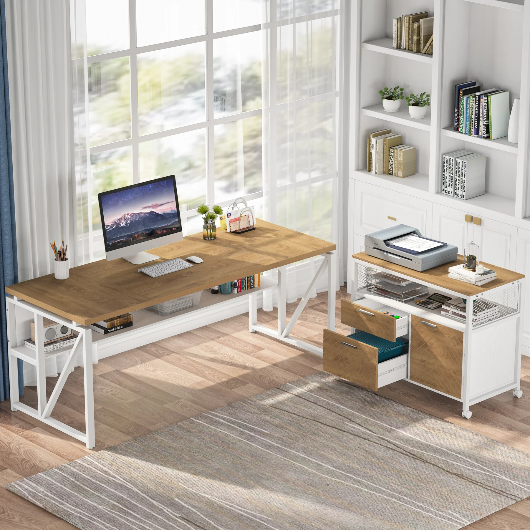 55" / 63" L-Shaped Executive Desk with Storage Shelves and Mobile File Cabinet(2 Drawers and 1 Storage Compartment) - Image 20