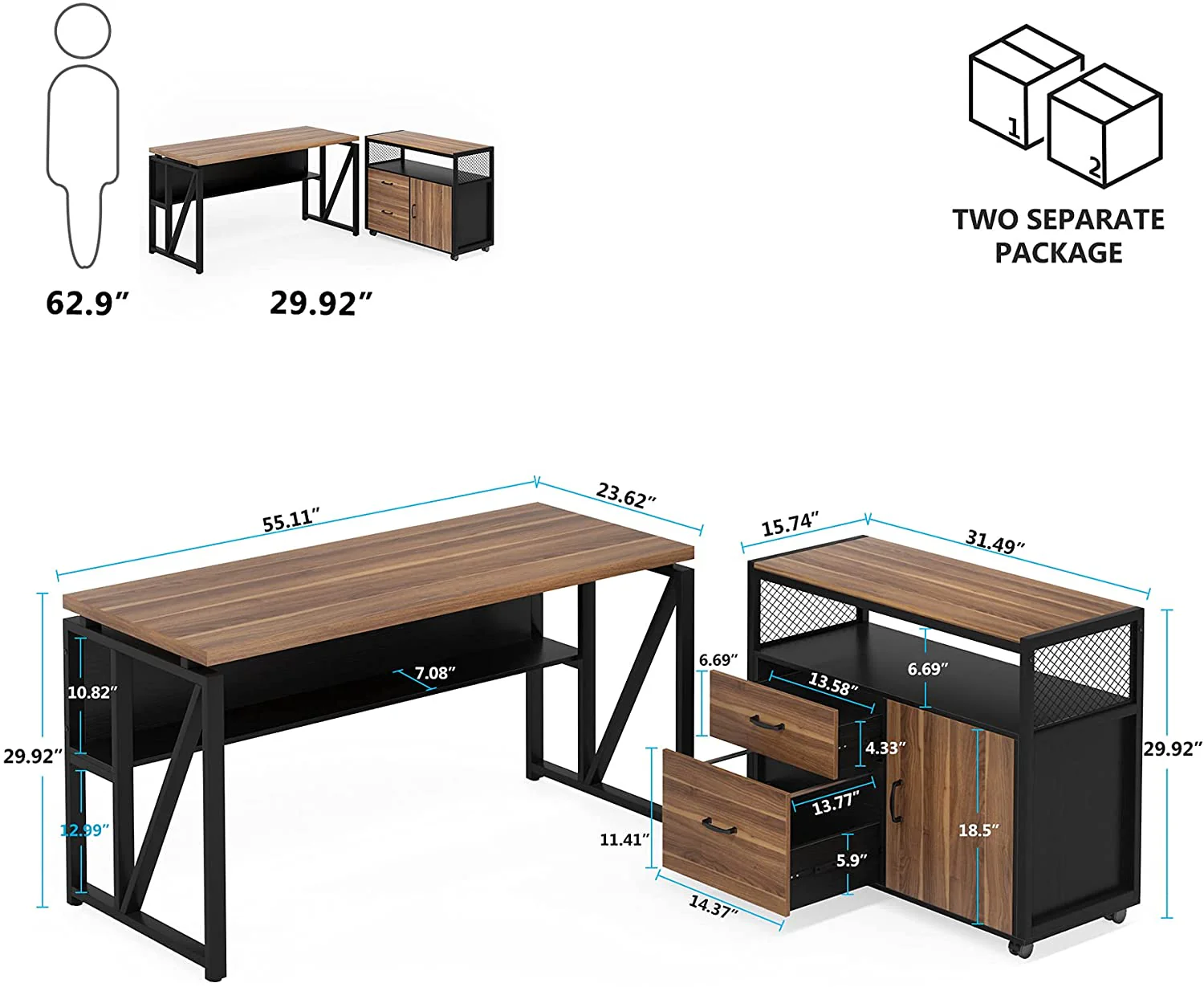 55" / 63" L-Shaped Executive Desk with Storage Shelves and Mobile File Cabinet(2 Drawers and 1 Storage Compartment) - Image 5