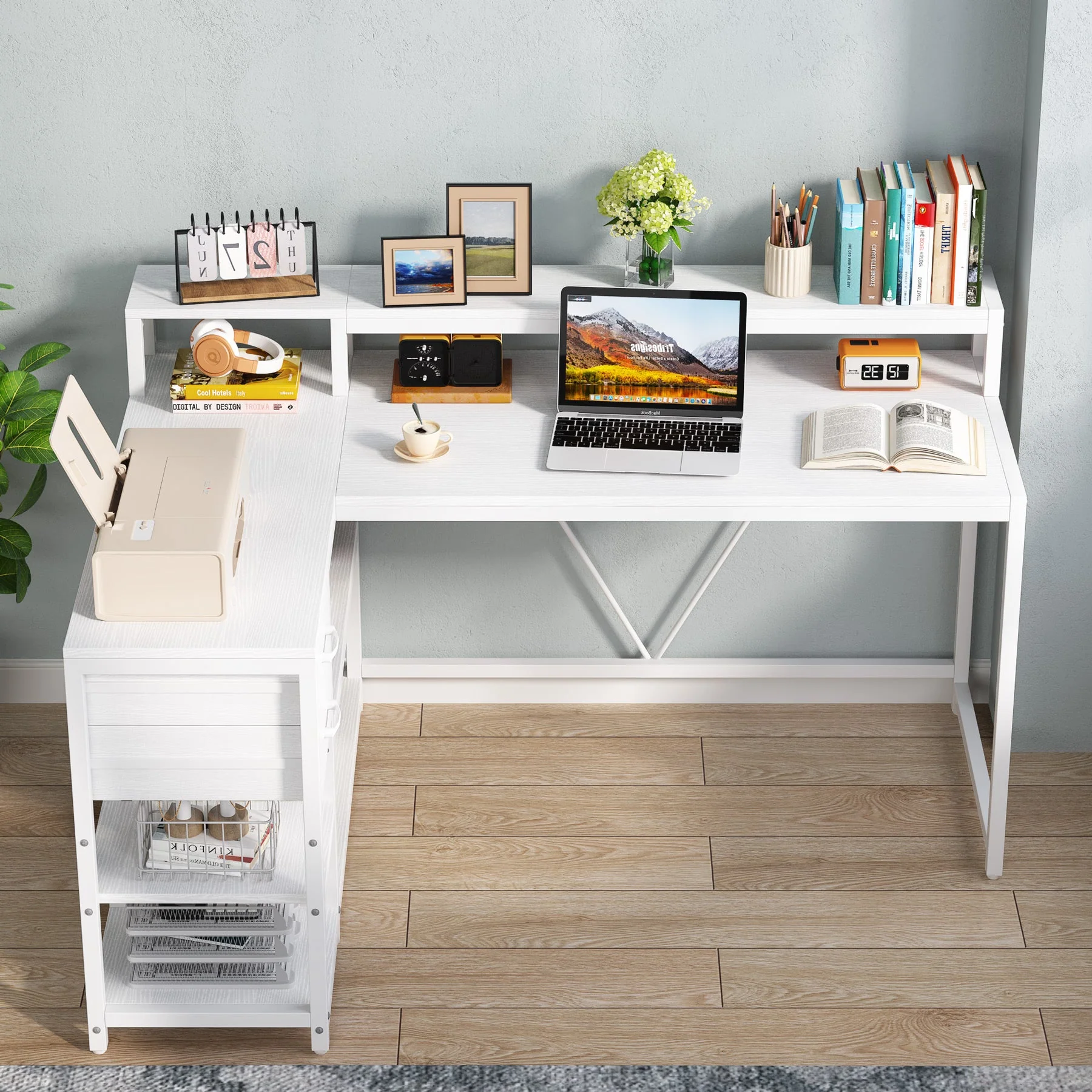 Reversible L-Shaped Desk, Industrial Corner Desk with Drawer & Shelves - Image 10