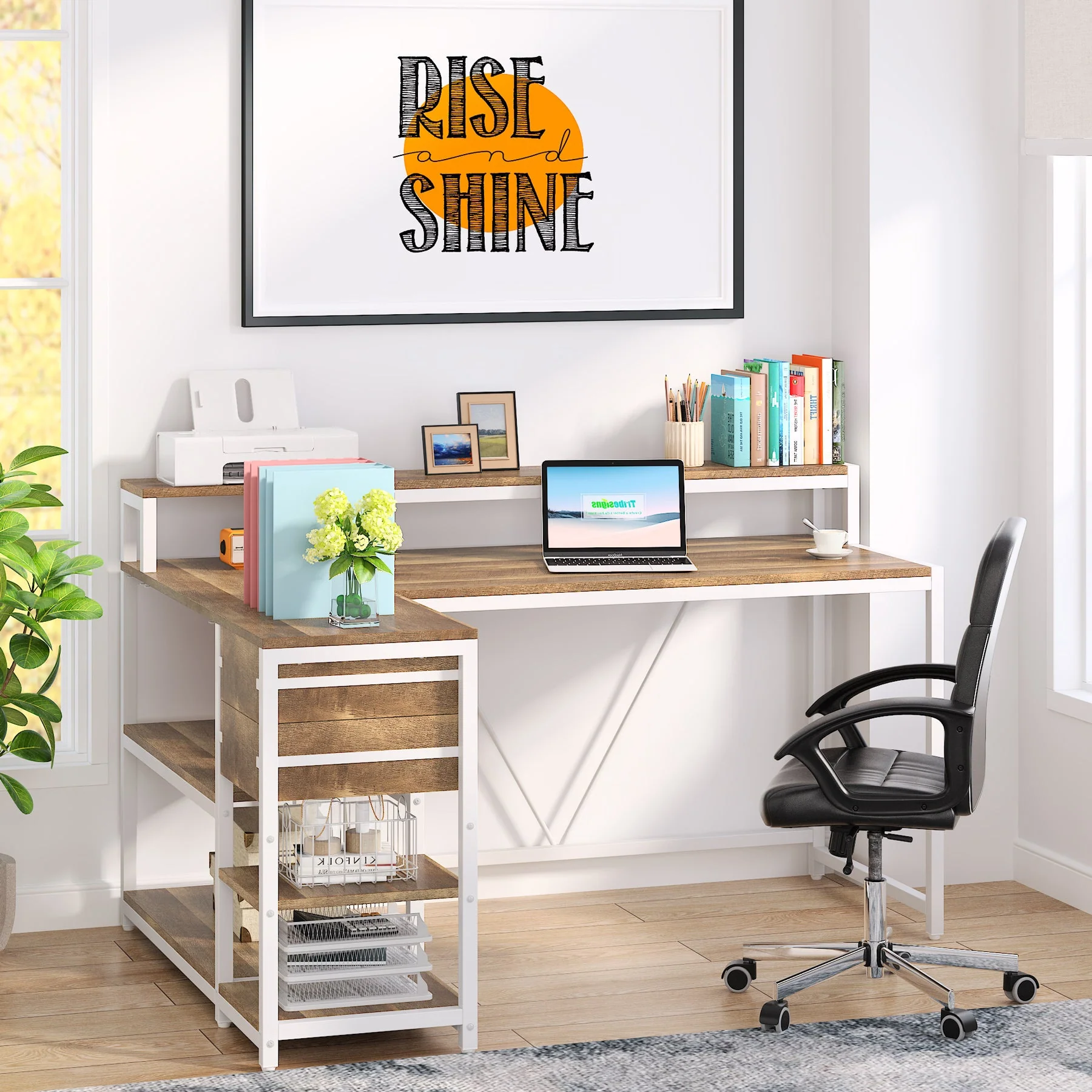 Reversible L-Shaped Desk, Industrial Corner Desk with Drawer & Shelves - Image 12