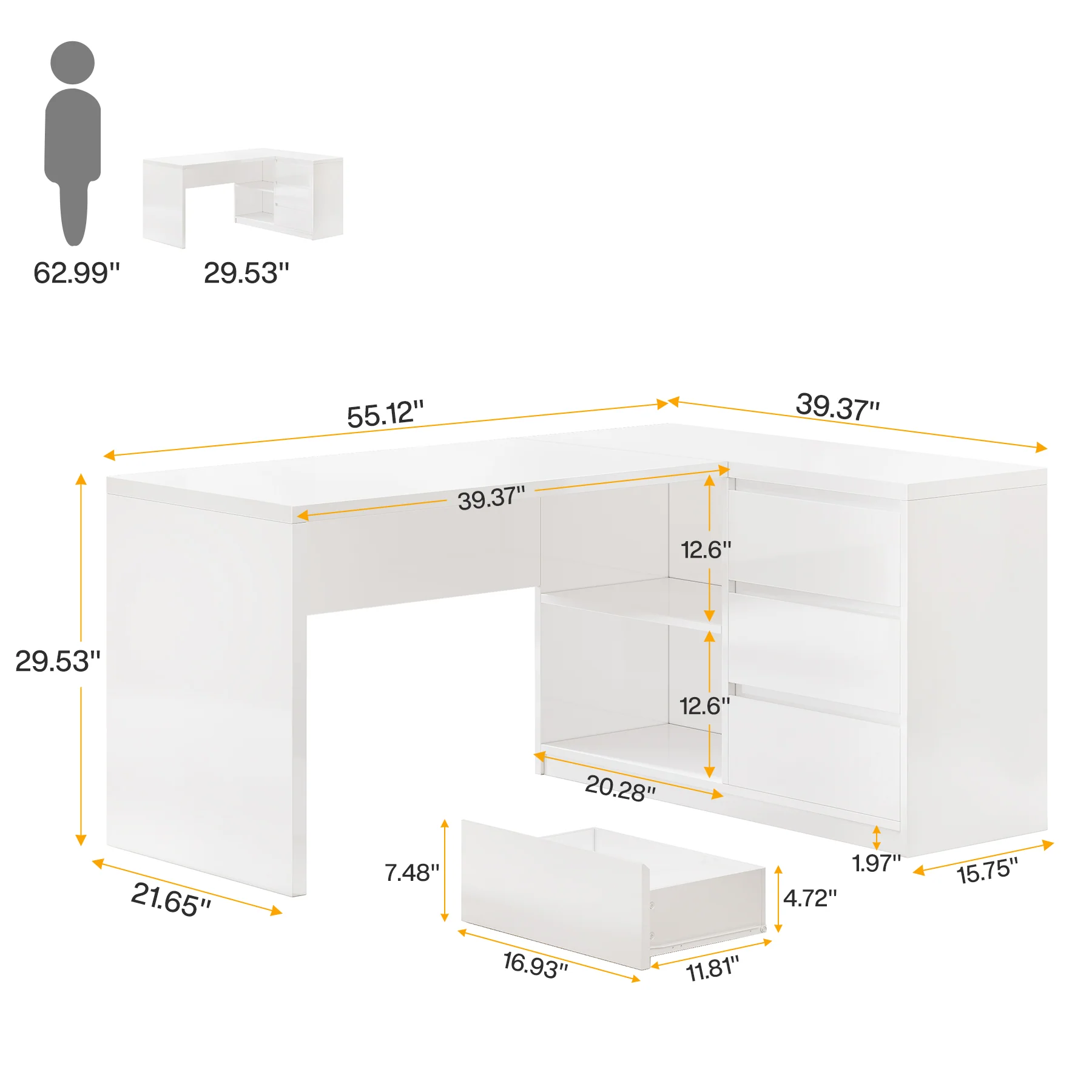 55" L-Shaped Desk with LED Lights, Executive Computer Desk with 3 Drawers - Image 2