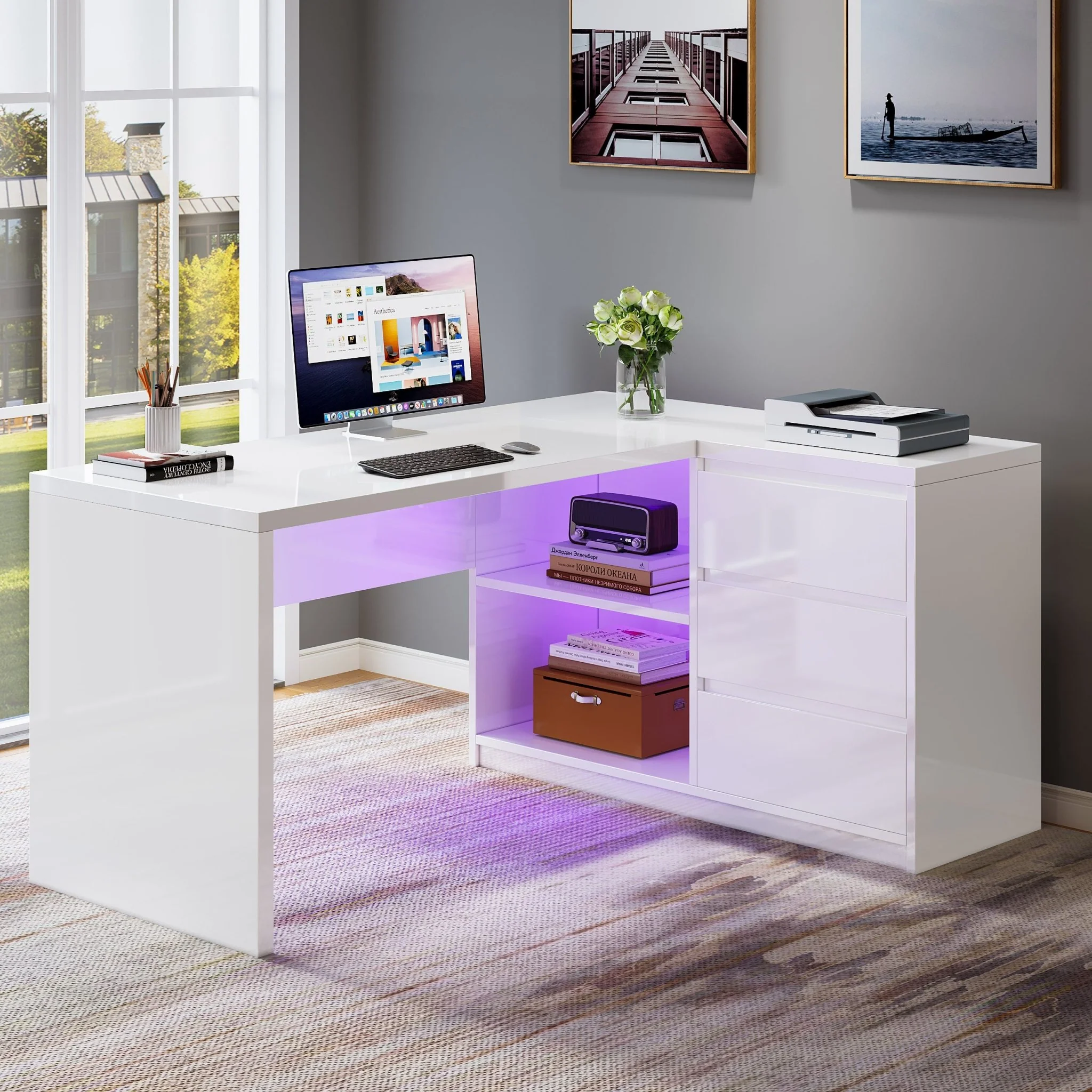 55" L-Shaped Desk with LED Lights, Executive Computer Desk with 3 Drawers - Image 4