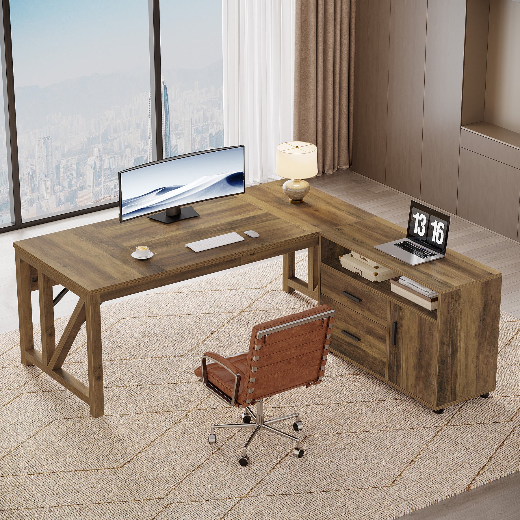 L-Shaped Executive Desk, 63" Computer Desk with Drawer Cabinet - Image 4