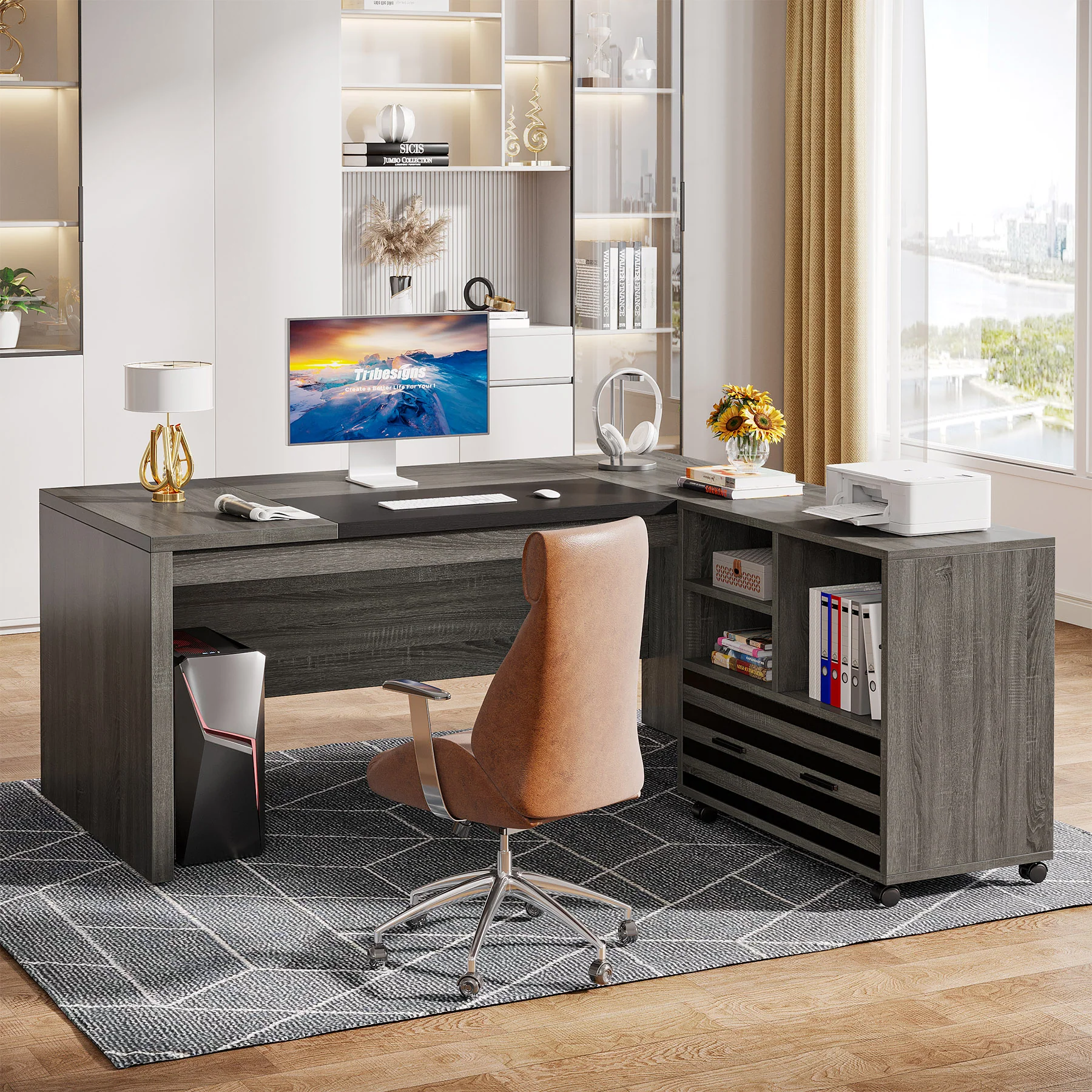 66.2" L-Shaped Executive Desk, Computer Desk with Mobile File Cabinet - Image 10