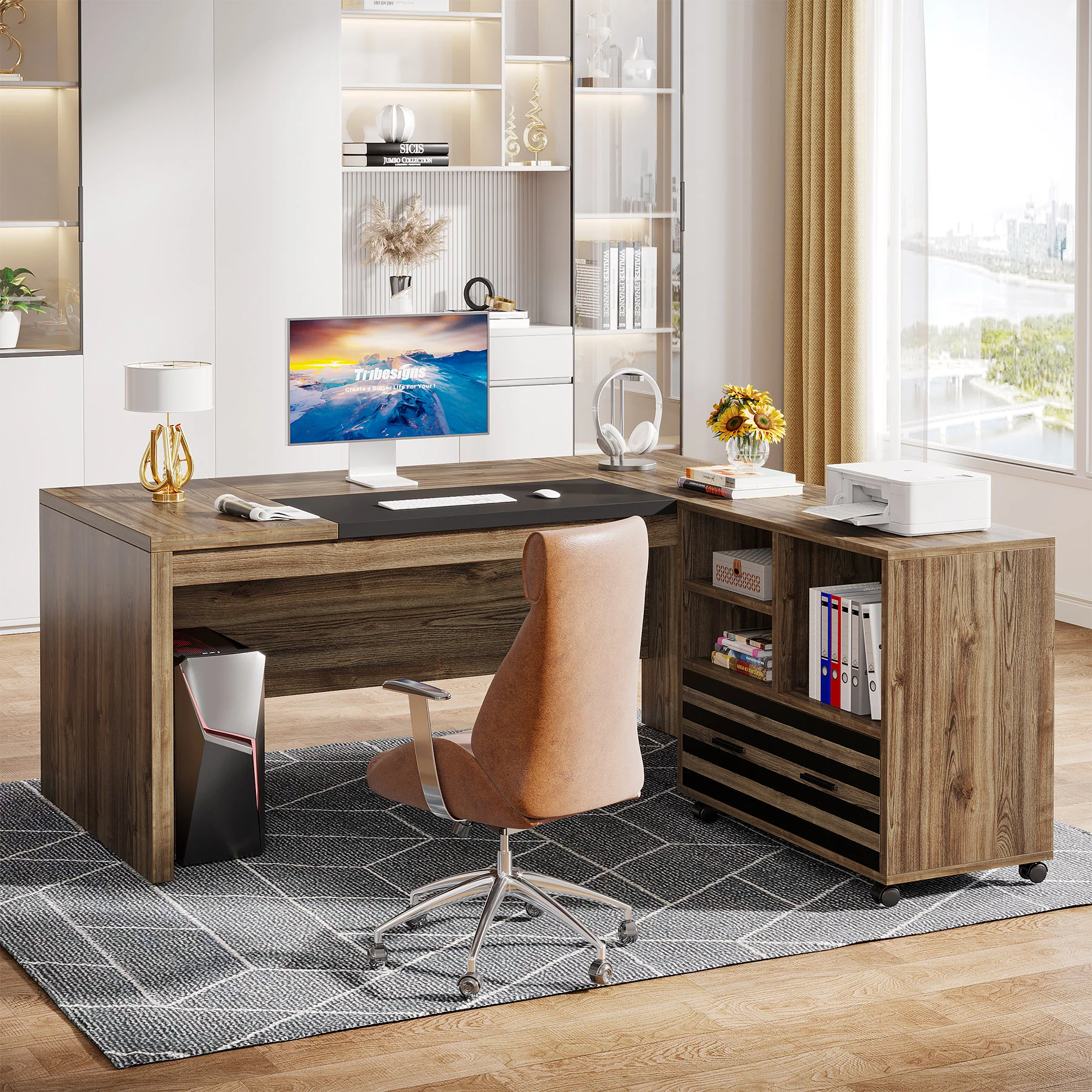 66.2" L-Shaped Executive Desk, Computer Desk with Mobile File Cabinet - Image 4