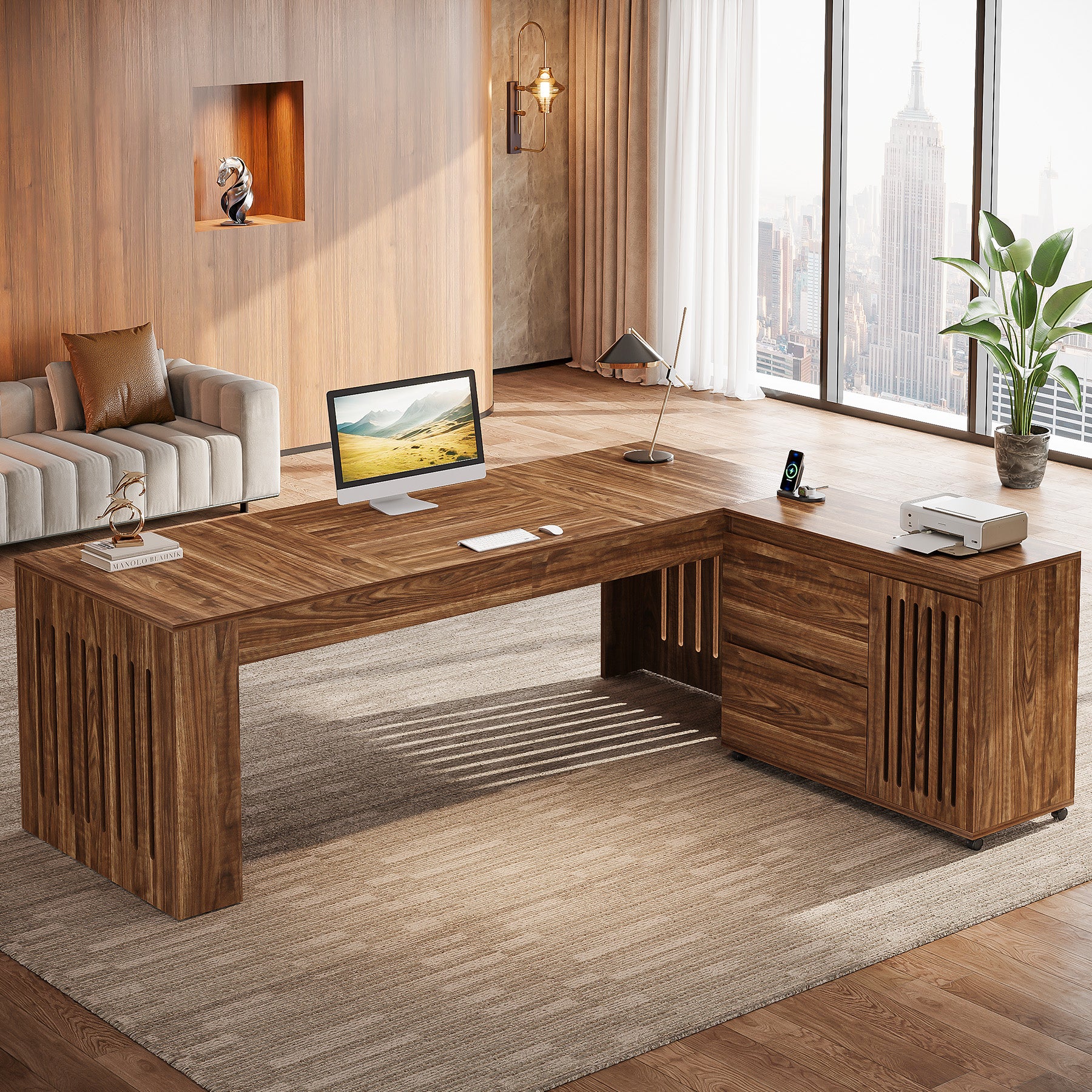 L-Shaped Executive Desk, 70.86" Computer Office Desk with 39.37" Mobile File Cabinet
