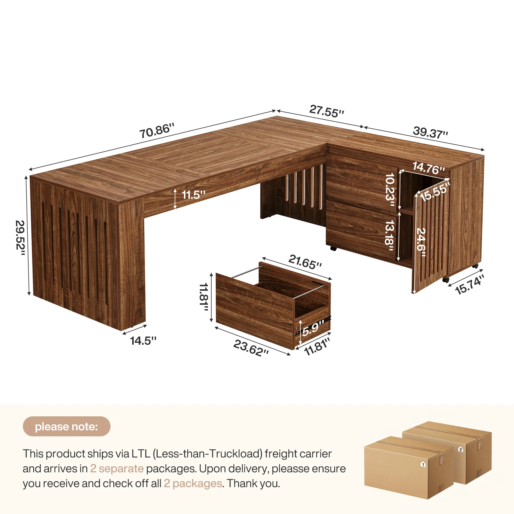 L-Shaped Executive Desk, 70.86" Computer Office Desk with 39.37" Mobile File Cabinet - Image 2