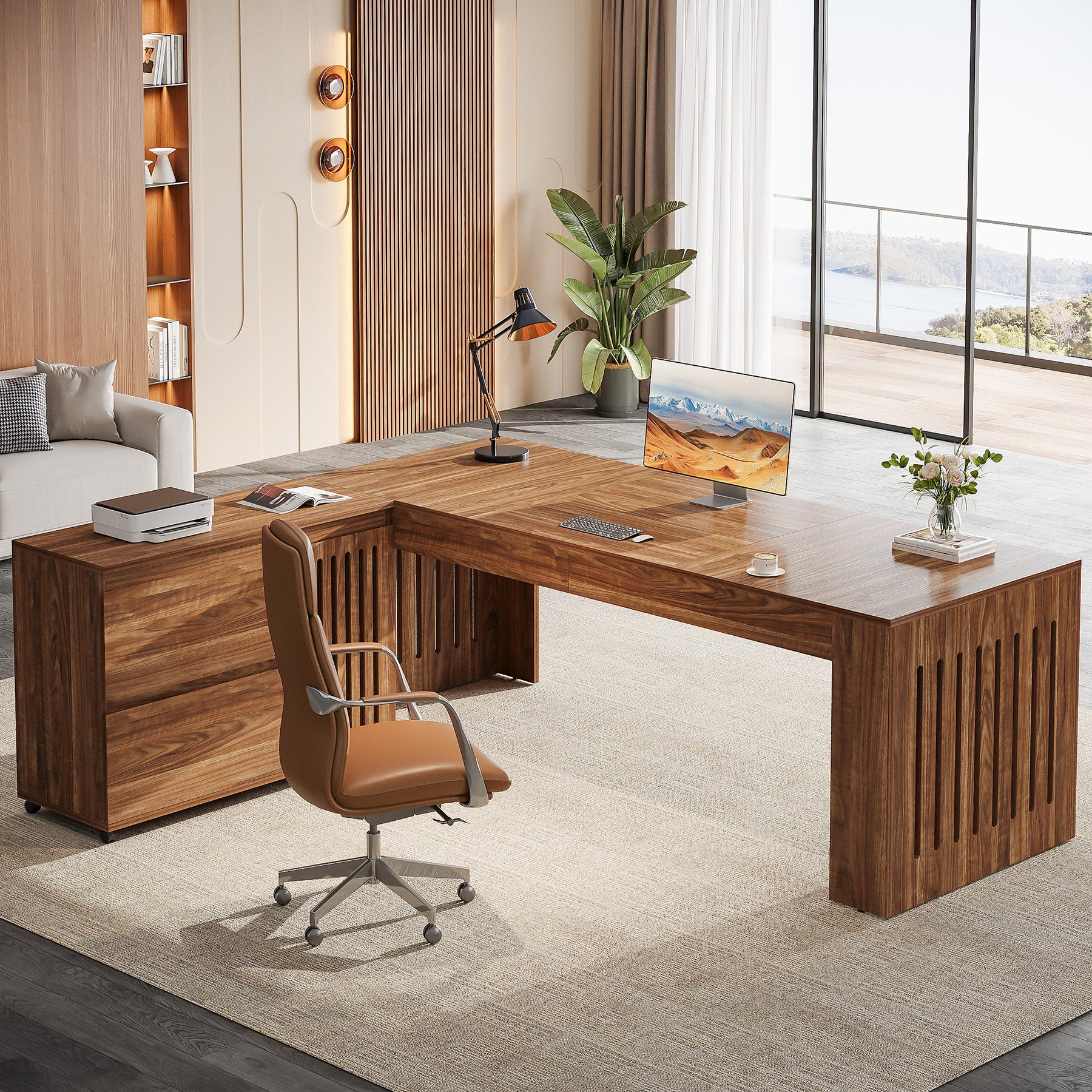 L-Shaped Executive Desk, 70.86" Computer Office Desk with 39.37" Mobile File Cabinet - Image 3