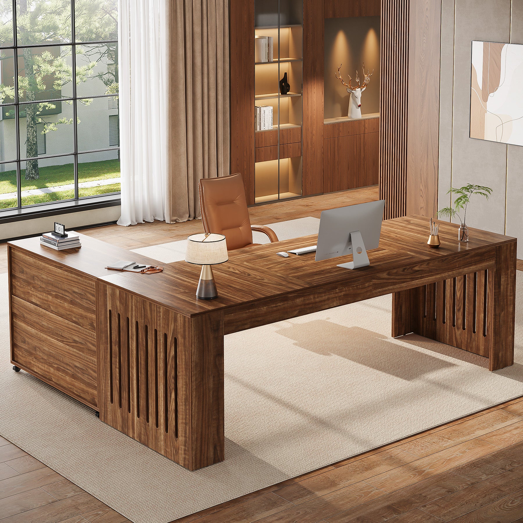 L-Shaped Executive Desk, 70.86" Computer Office Desk with 39.37" Mobile File Cabinet - Image 4