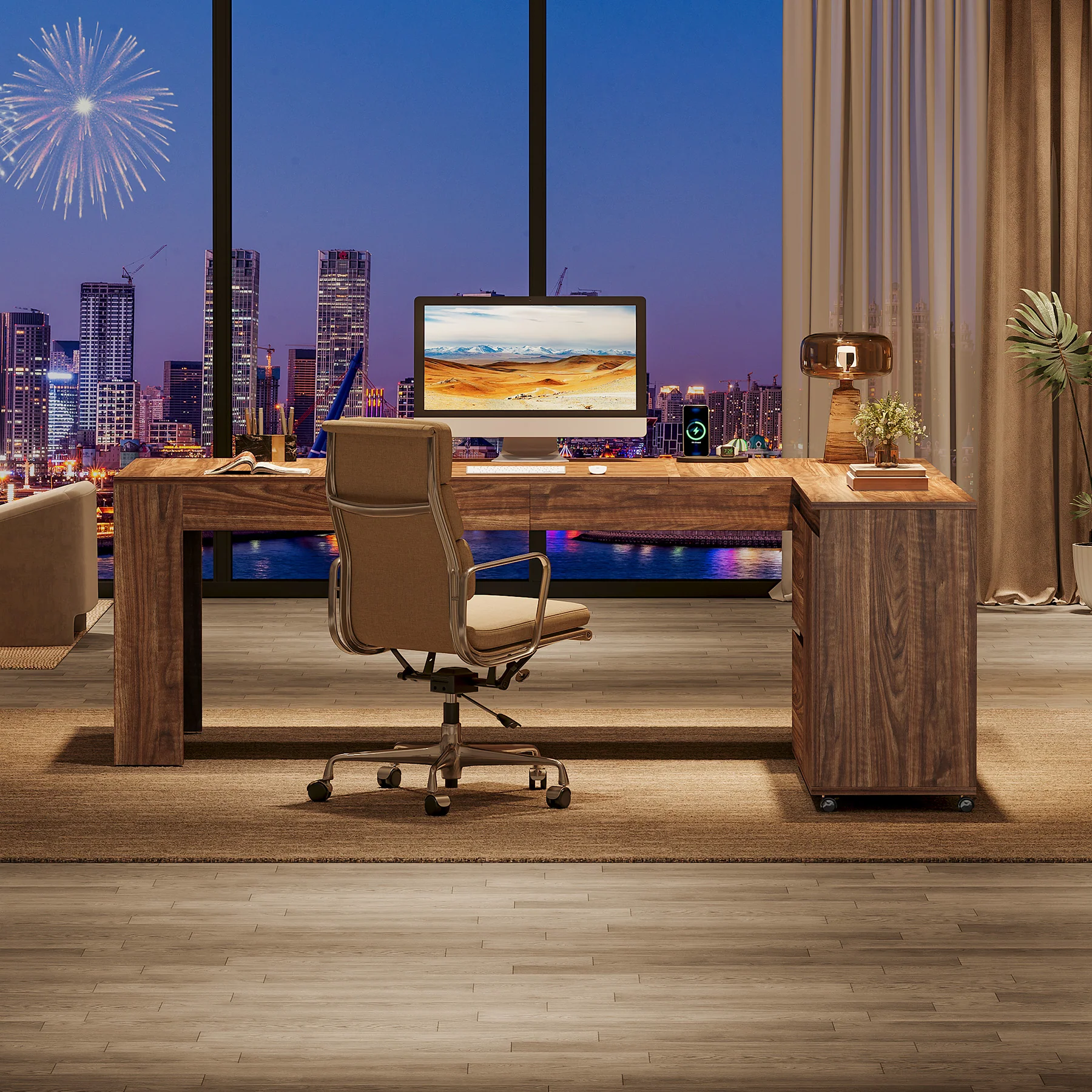L-Shaped Executive Desk, 70.86" Computer Office Desk with 39.37" Mobile File Cabinet - Image 5