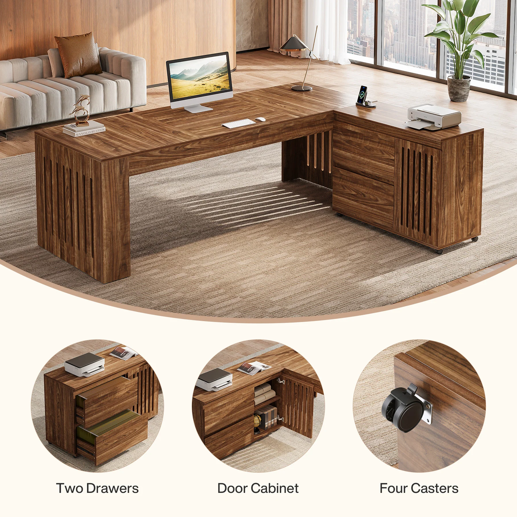 L-Shaped Executive Desk, 70.86" Computer Office Desk with 39.37" Mobile File Cabinet - Image 7