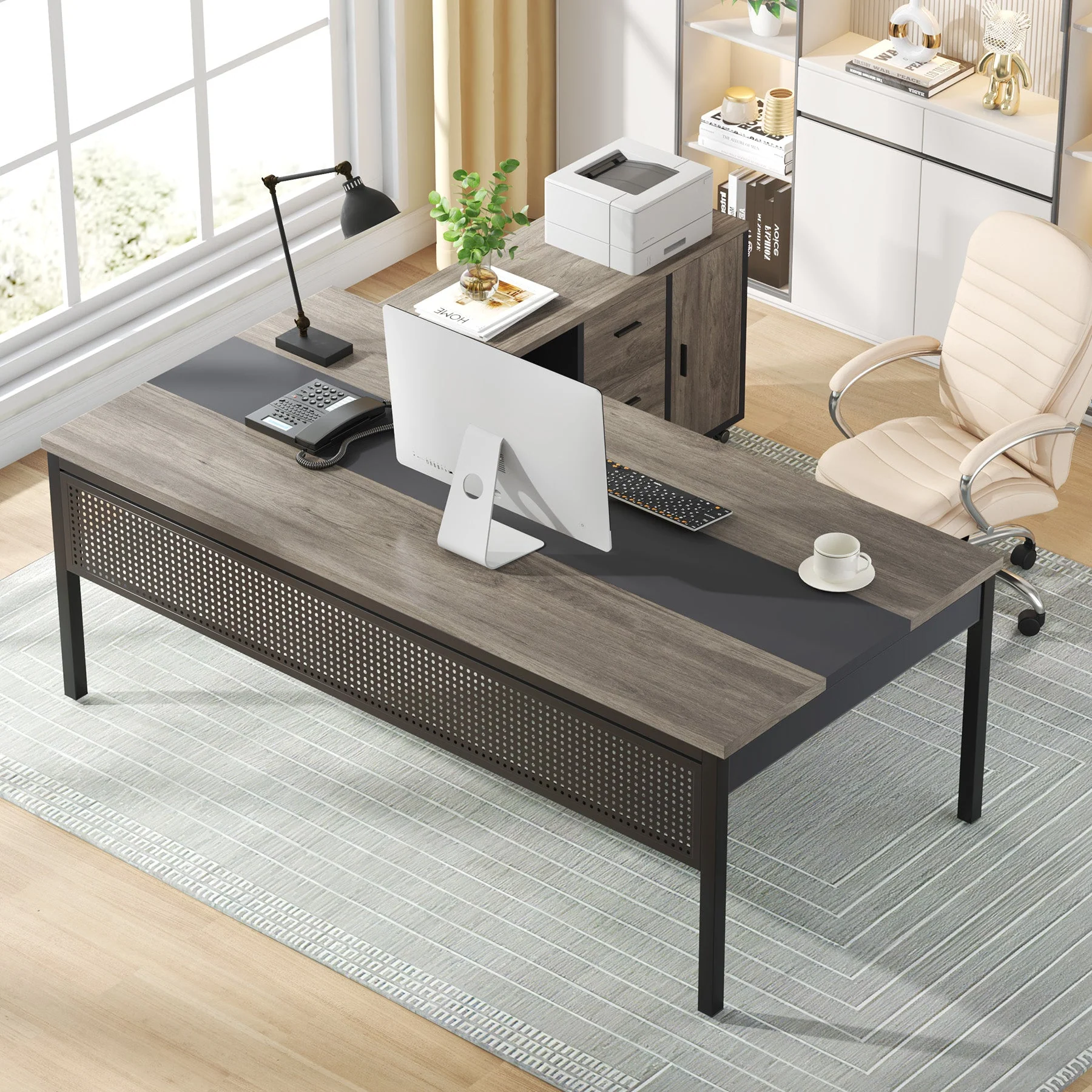 Industrial L-Shaped Desk, 71" Executive Desk with 47" Mobile File Cabinet - Image 10