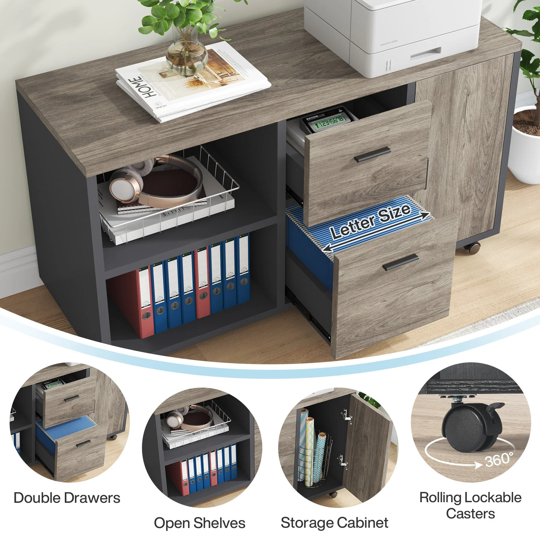 Industrial L-Shaped Desk, 71" Executive Desk with 47" Mobile File Cabinet - Image 11