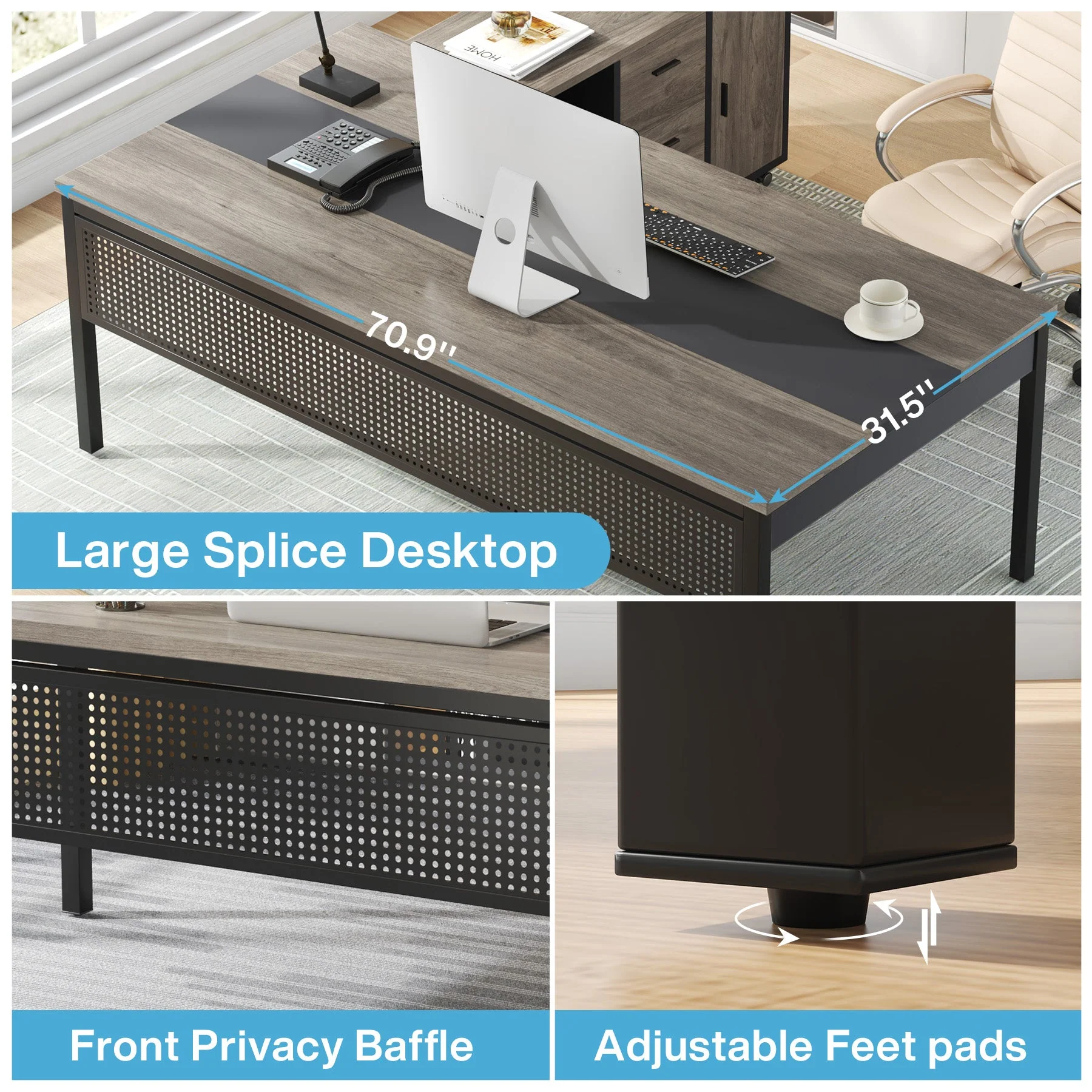 Industrial L-Shaped Desk, 71" Executive Desk with 47" Mobile File Cabinet - Image 12