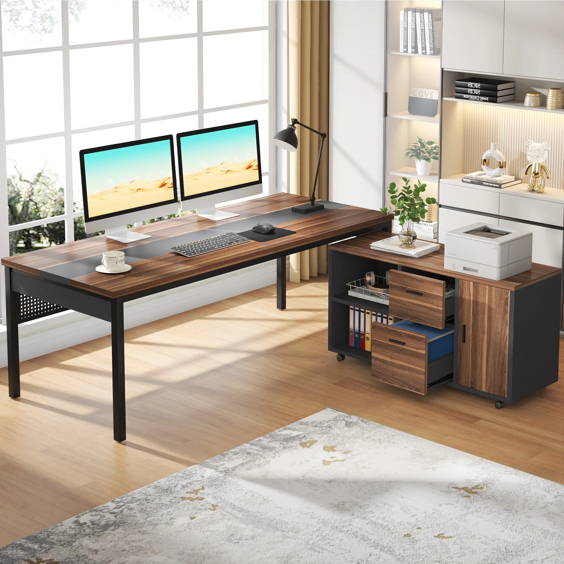 Industrial L-Shaped Desk, 71" Executive Desk with 47" Mobile File Cabinet - Image 3
