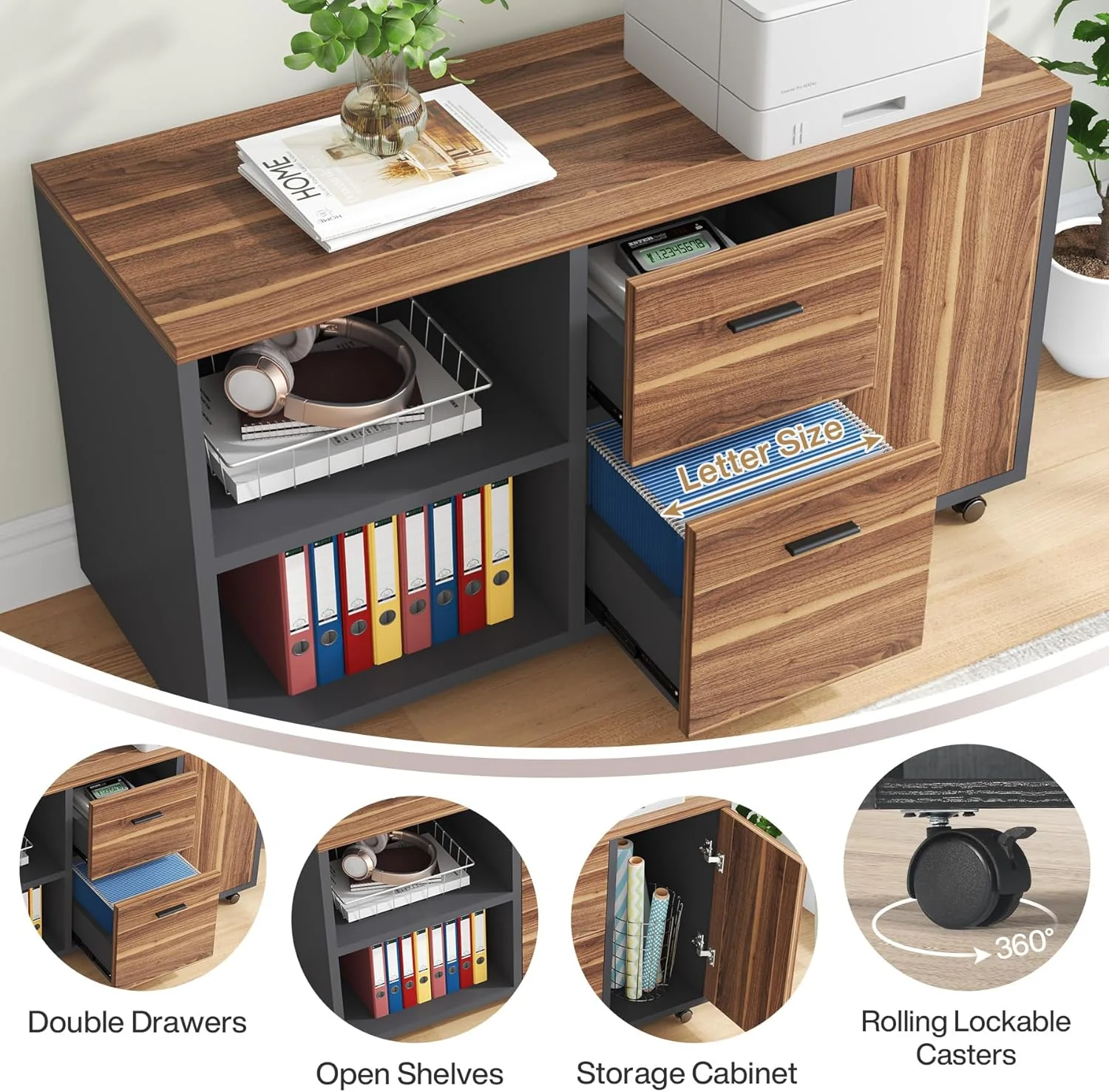 Industrial L-Shaped Desk, 71" Executive Desk with 47" Mobile File Cabinet - Image 5
