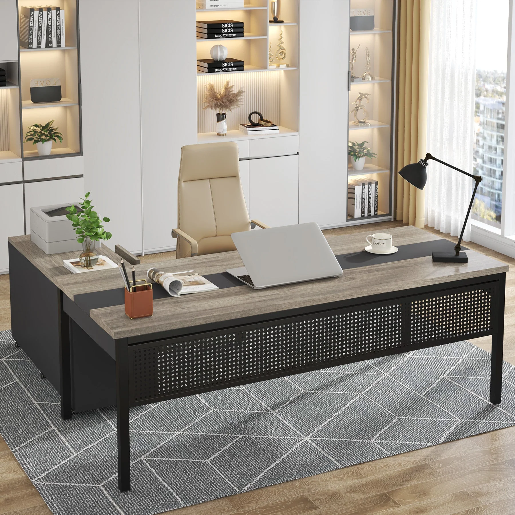 Industrial L-Shaped Desk, 71" Executive Desk with 47" Mobile File Cabinet - Image 6