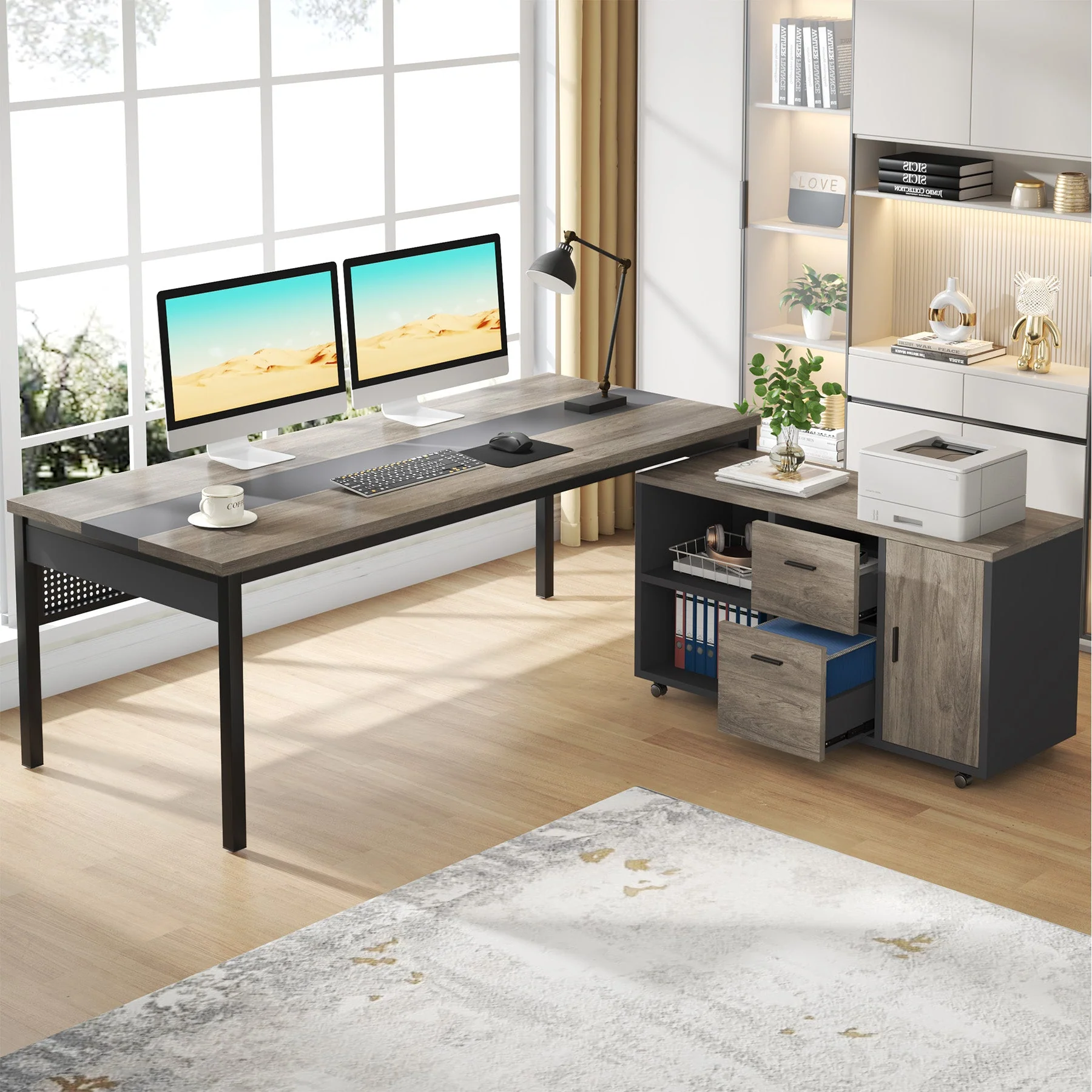 Industrial L-Shaped Desk, 71" Executive Desk with 47" Mobile File Cabinet - Image 7