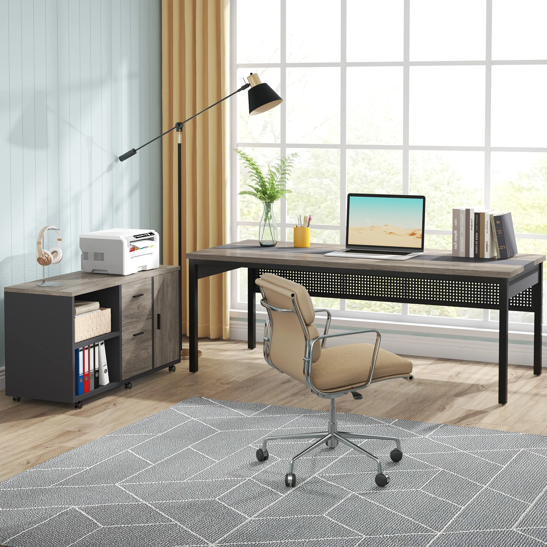 Industrial L-Shaped Desk, 71" Executive Desk with 47" Mobile File Cabinet - Image 9