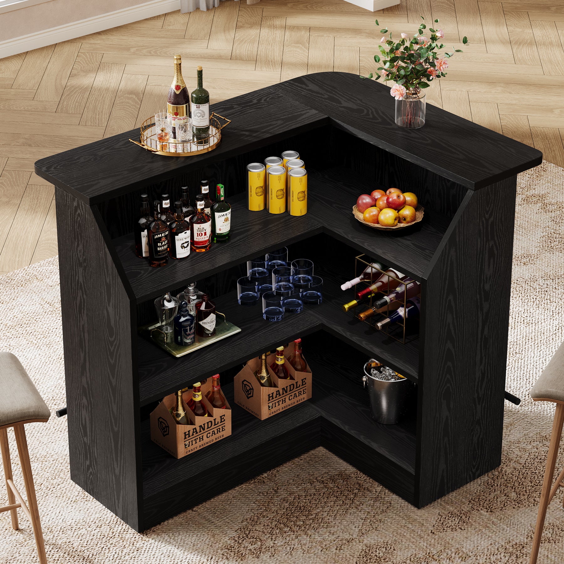 L-Shaped Home Bar Unit, 4-Tier Fluted Bar Table with Storage Shelves - Image 3