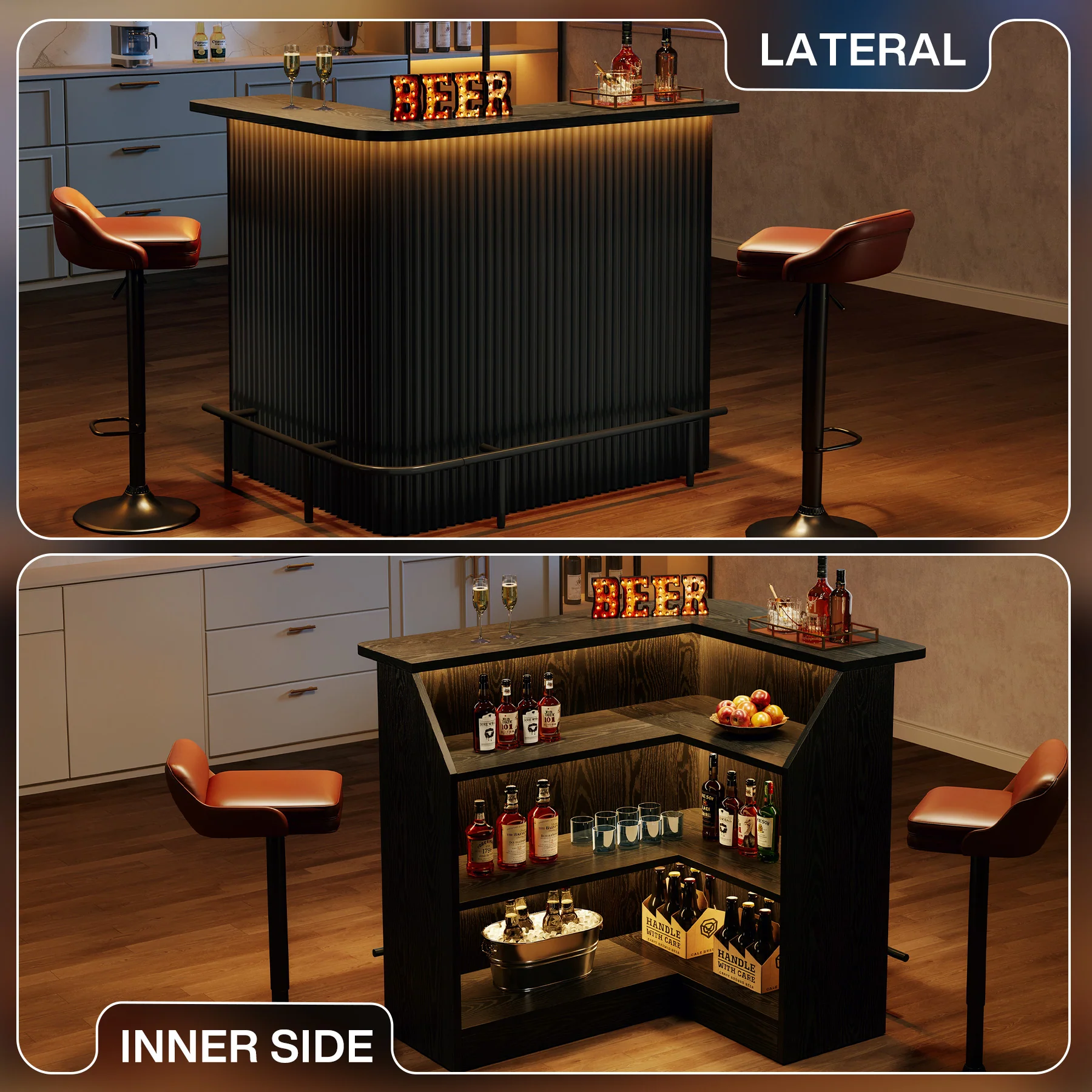 L-Shaped Home Bar Unit, 4-Tier Fluted Bar Table with Storage Shelves - Image 5
