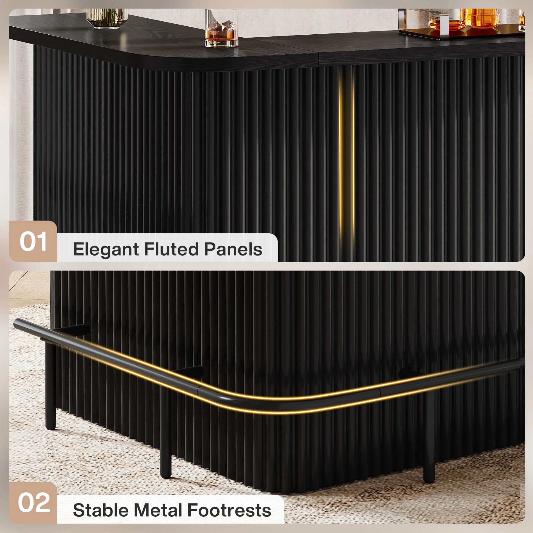 L-Shaped Home Bar Unit, 4-Tier Fluted Bar Table with Storage Shelves - Image 6
