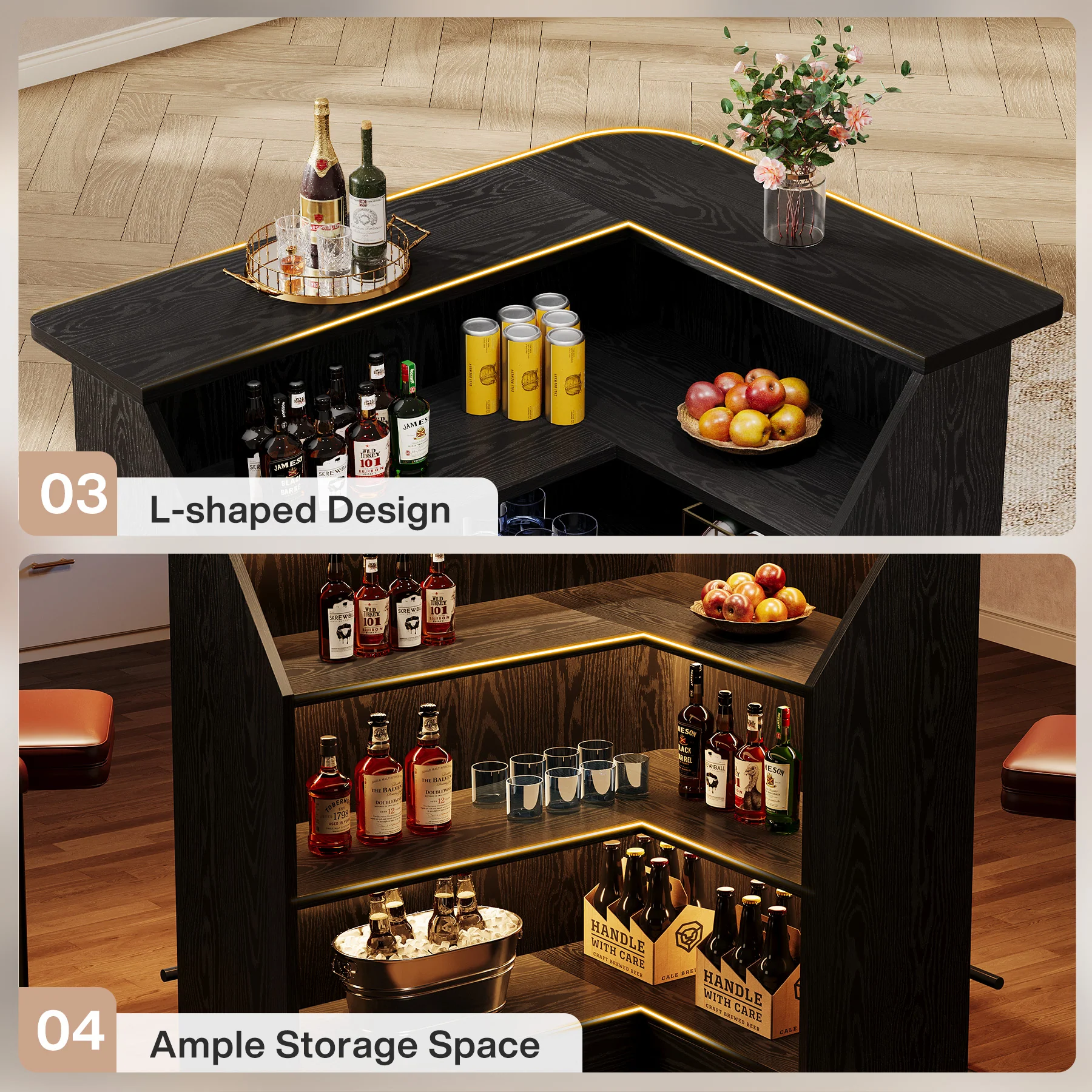 L-Shaped Home Bar Unit, 4-Tier Fluted Bar Table with Storage Shelves - Image 7