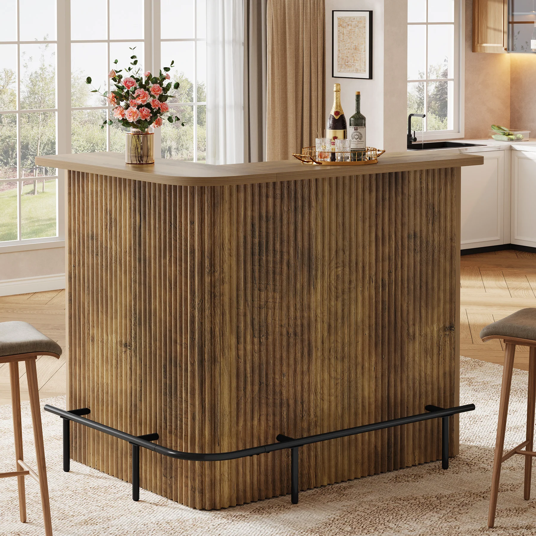 L-Shaped Home Bar Unit, 4-Tier Fluted Bar Table with Storage Shelves - Image 8