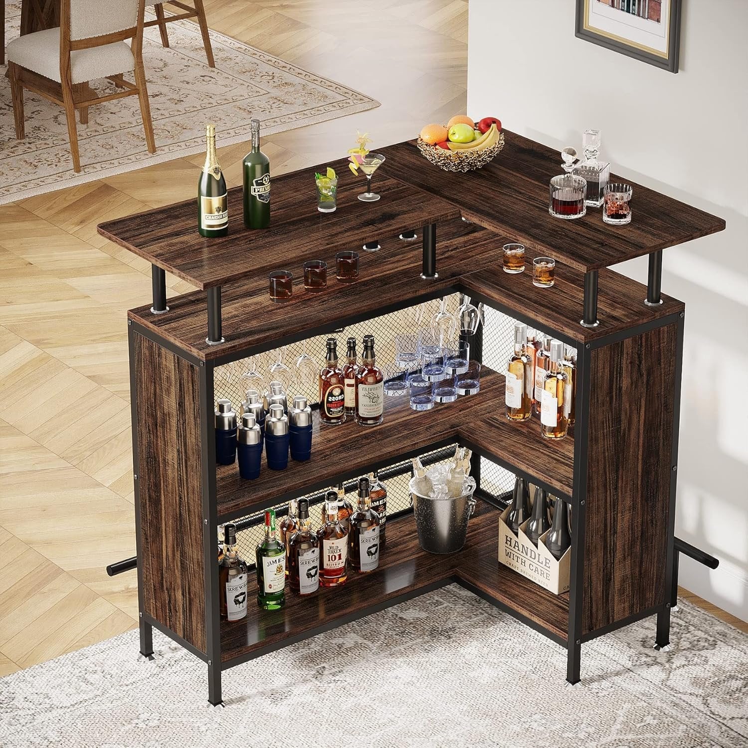 L-Shaped Home Bar Unit, Liquor Bar Table with Glasses Holders & Shelves - Image 4