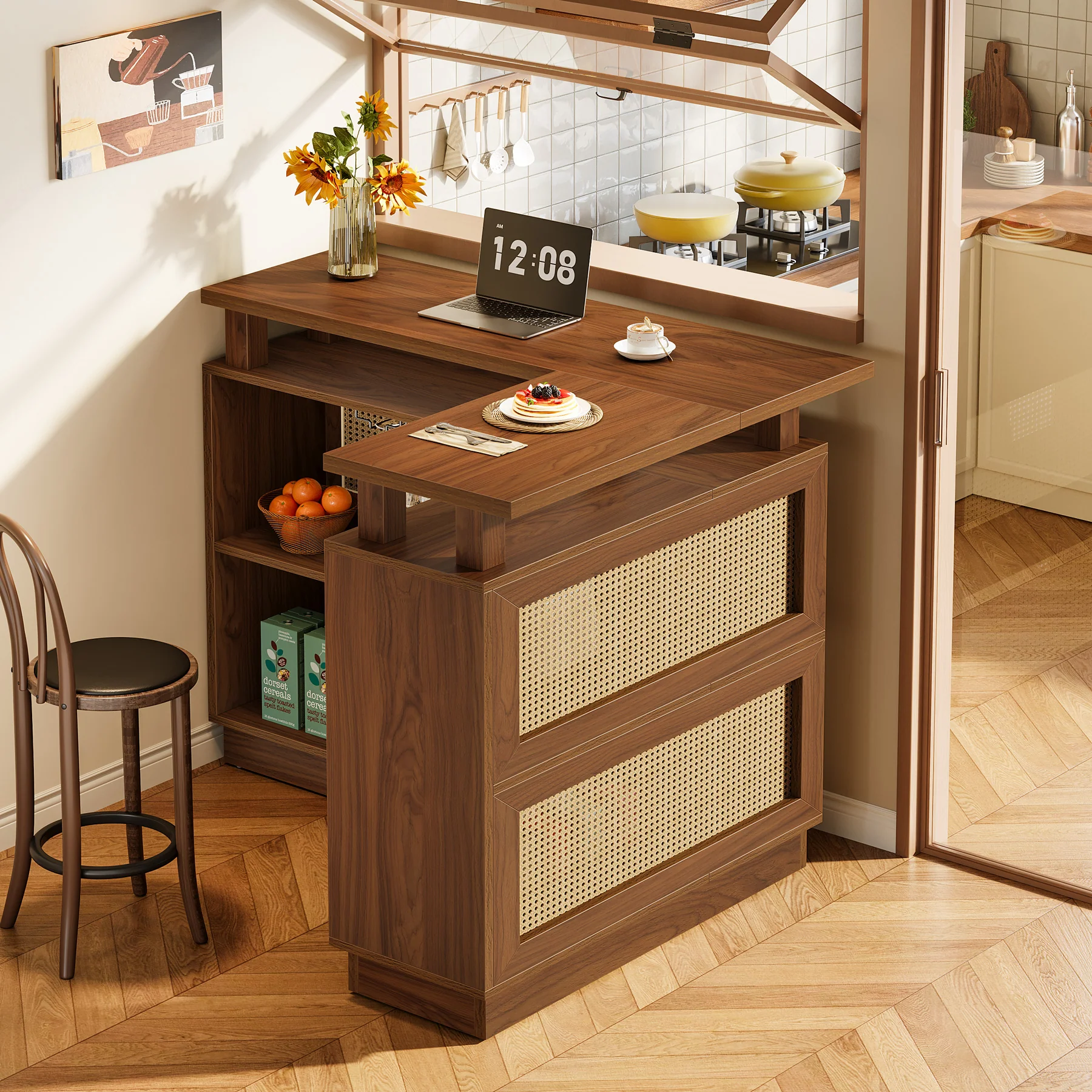 L-Shaped Home Bar Unit, Rattan Bar Table Liquor Cabinet with 4-Tier Storage Shelf - Image 5