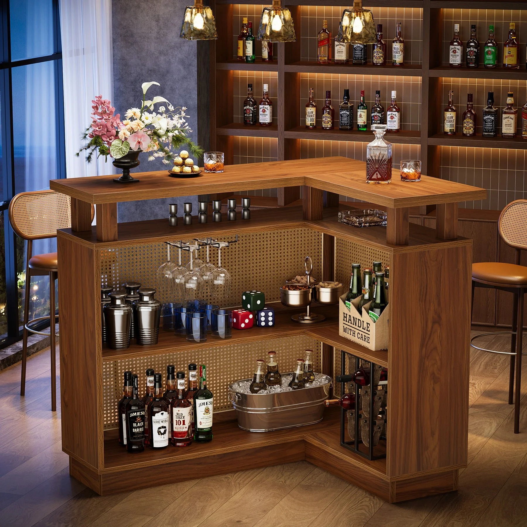 L-Shaped Home Bar Unit, Rattan Bar Table Liquor Cabinet with 4-Tier Storage Shelf - Image 6
