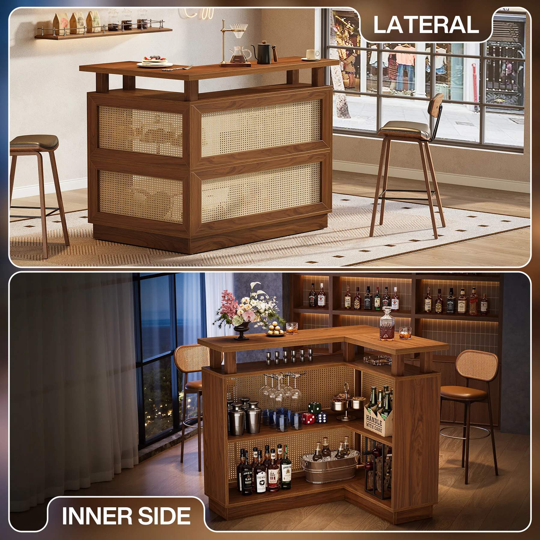 L-Shaped Home Bar Unit, Rattan Bar Table Liquor Cabinet with 4-Tier Storage Shelf - Image 8