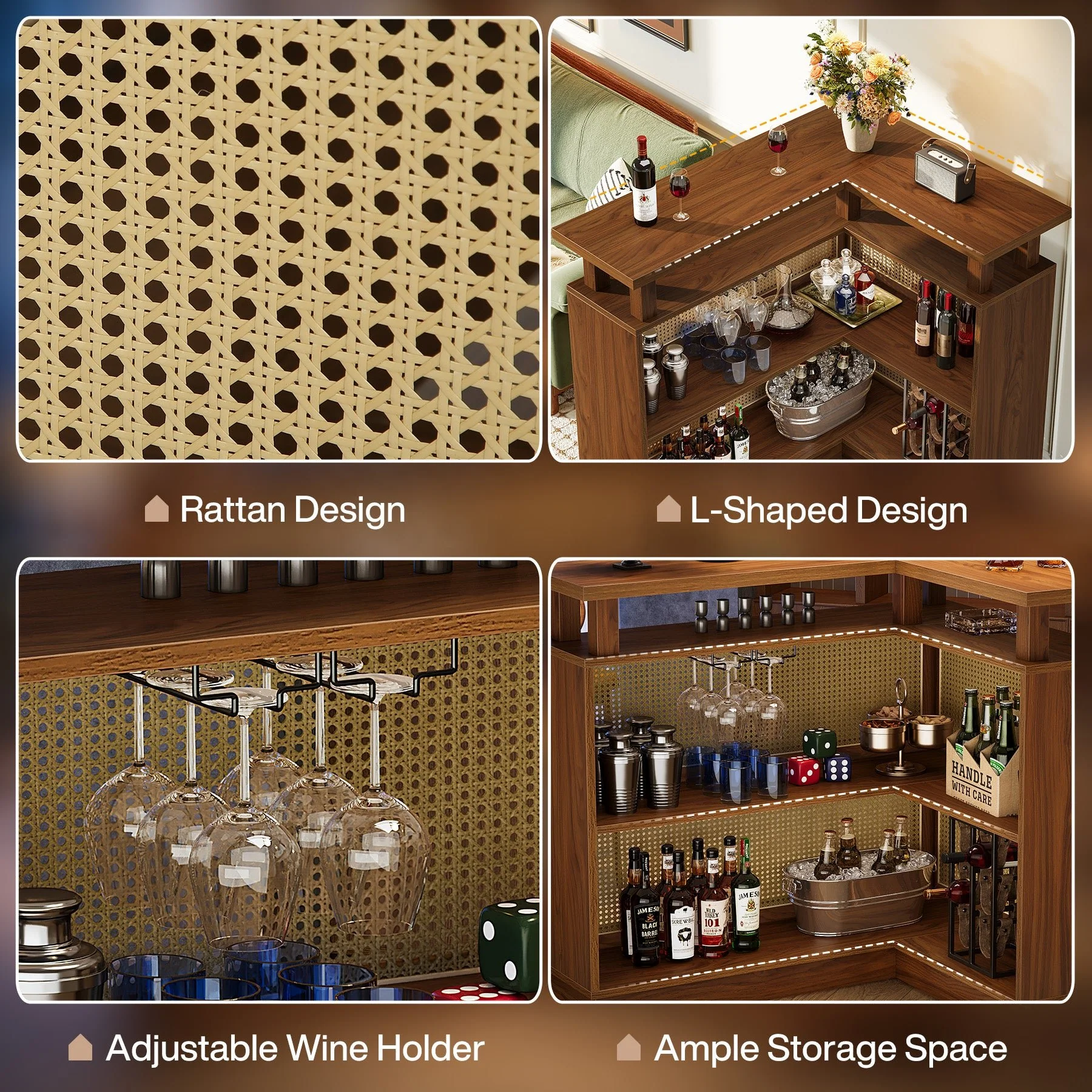 L-Shaped Home Bar Unit, Rattan Bar Table Liquor Cabinet with 4-Tier Storage Shelf - Image 9