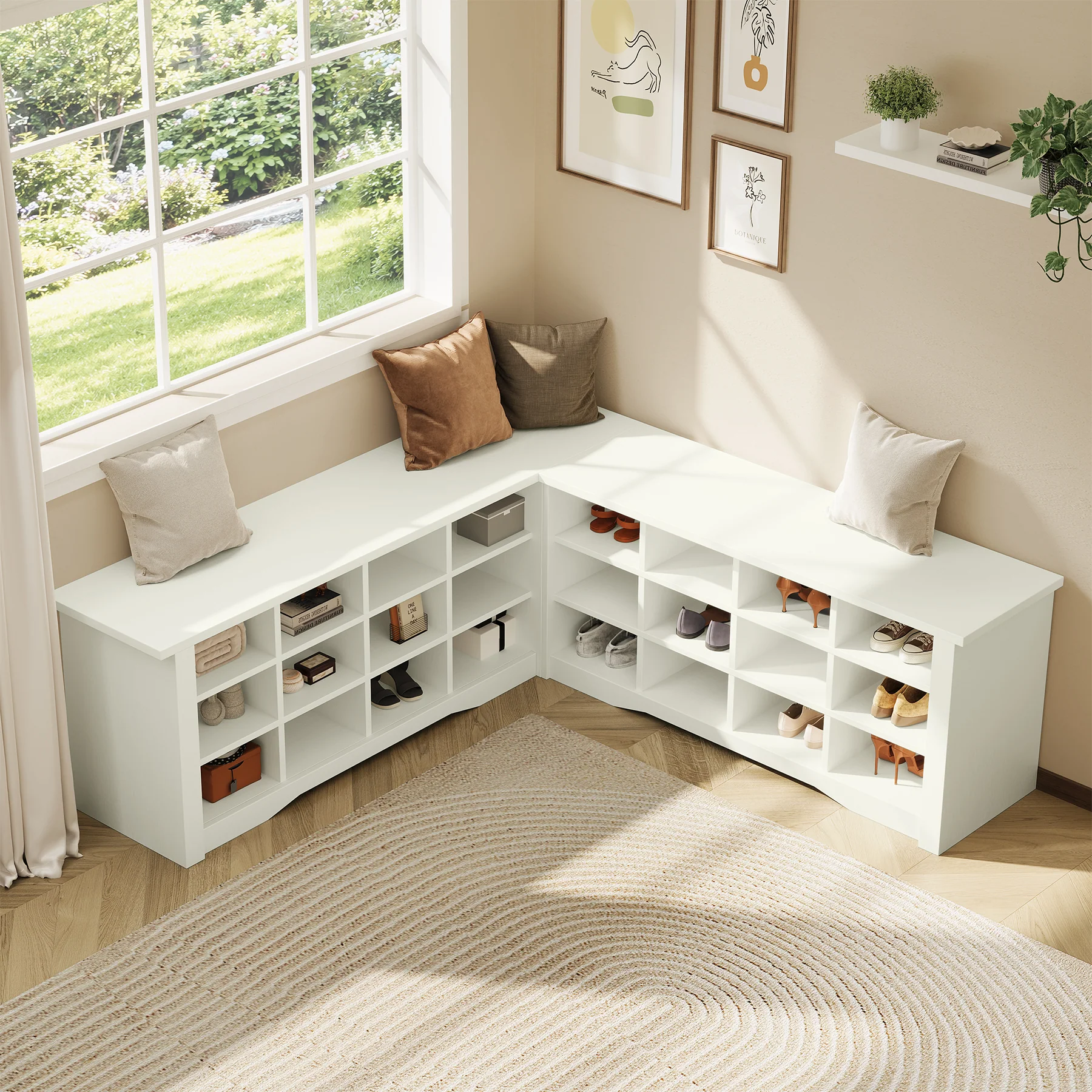 L-Shaped Shoe Rack Bench with Storage, Corner Bench with Open Cubbies for Entryway - Image 3