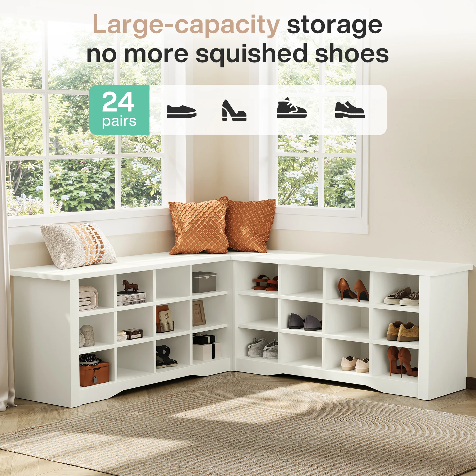 L-Shaped Shoe Rack Bench with Storage, Corner Bench with Open Cubbies for Entryway - Image 7