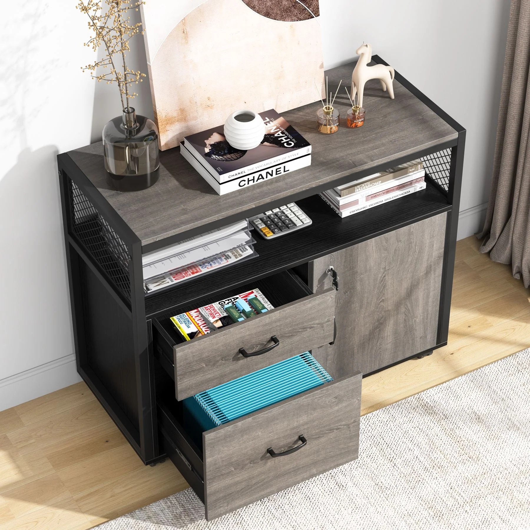 Lockable File Cabinet Printer Stand with Drawers & Caster - Image 4