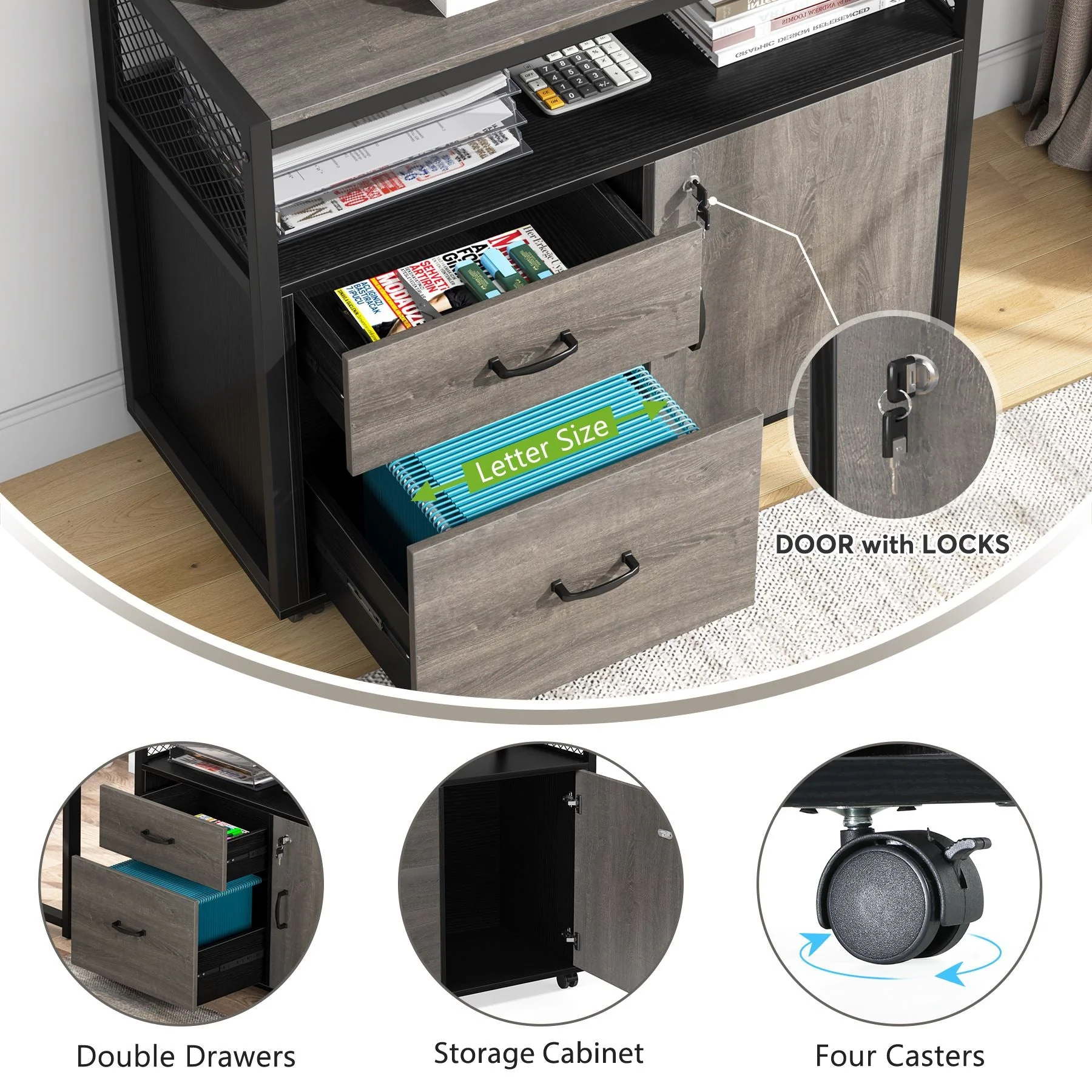 Lockable File Cabinet Printer Stand with Drawers & Caster - Image 5